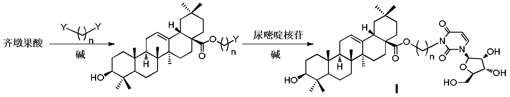 Oleanolic acid-uridine conjugate as well as preparation method and application thereof