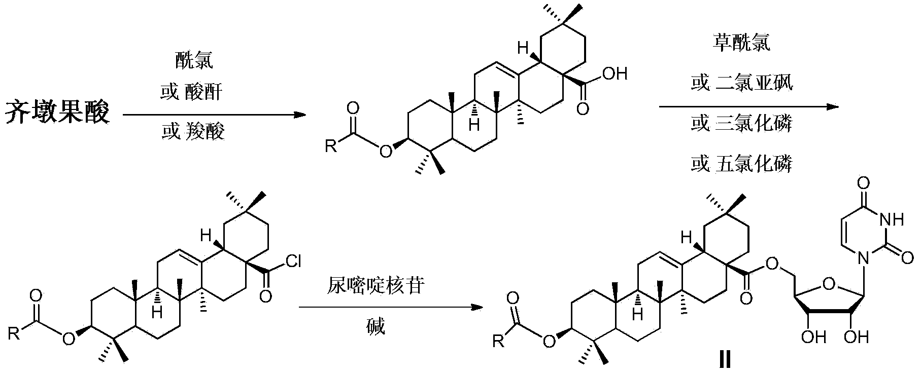 Oleanolic acid-uridine conjugate as well as preparation method and application thereof