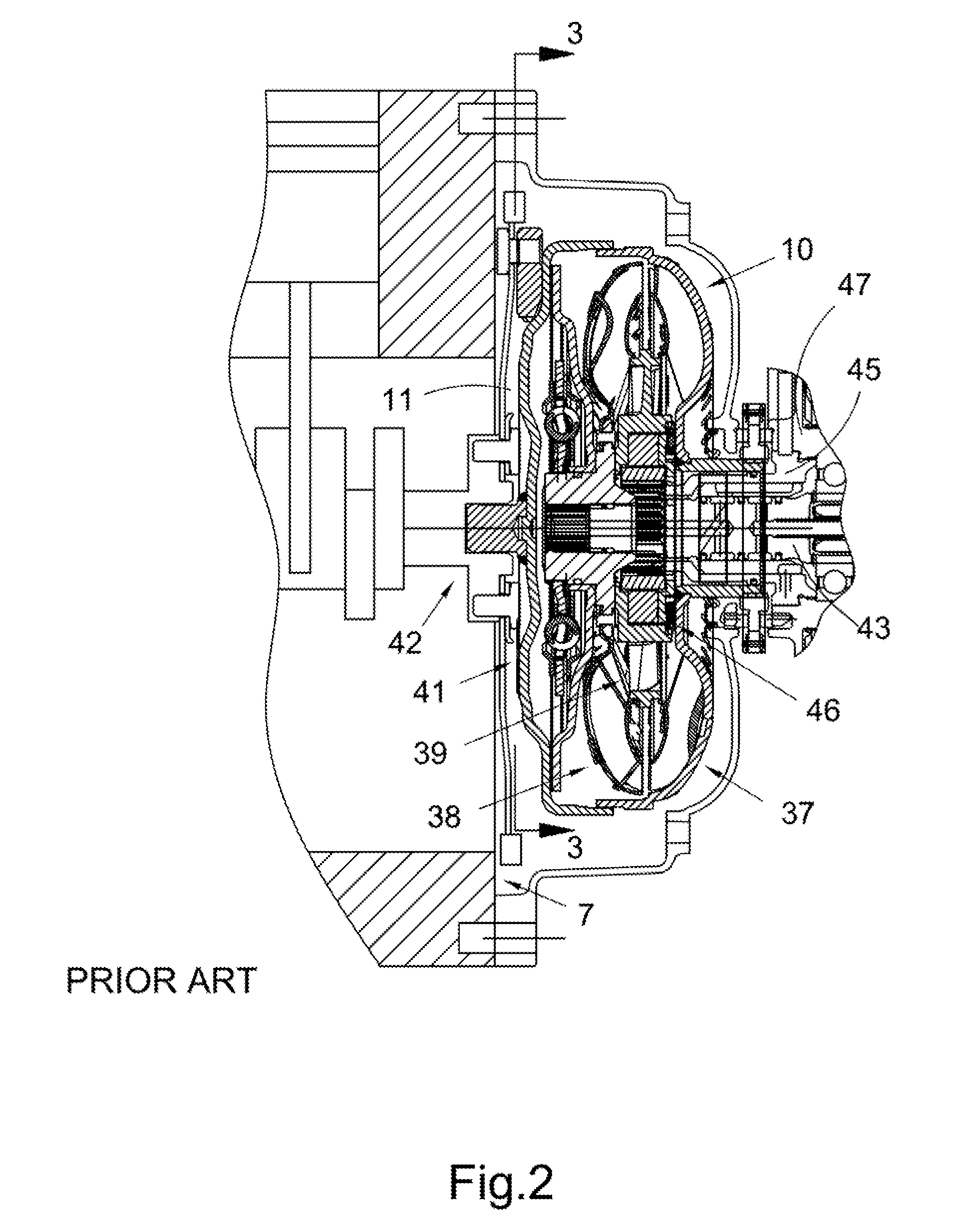 Torque converter with cooling fluid flow arrangement and arrangement for torque transfer to a damper