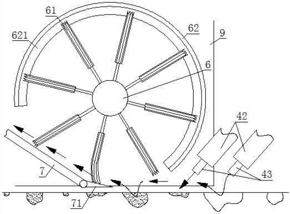 Collection and dust removal device implemented by concave cavity on water hammer pavement under assistance of rolling brush