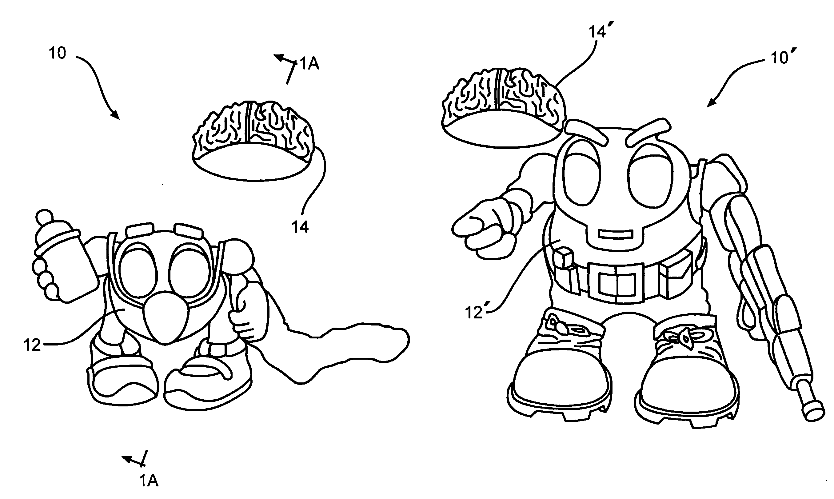 Toy figure with interchangeable brain having associated voice responses