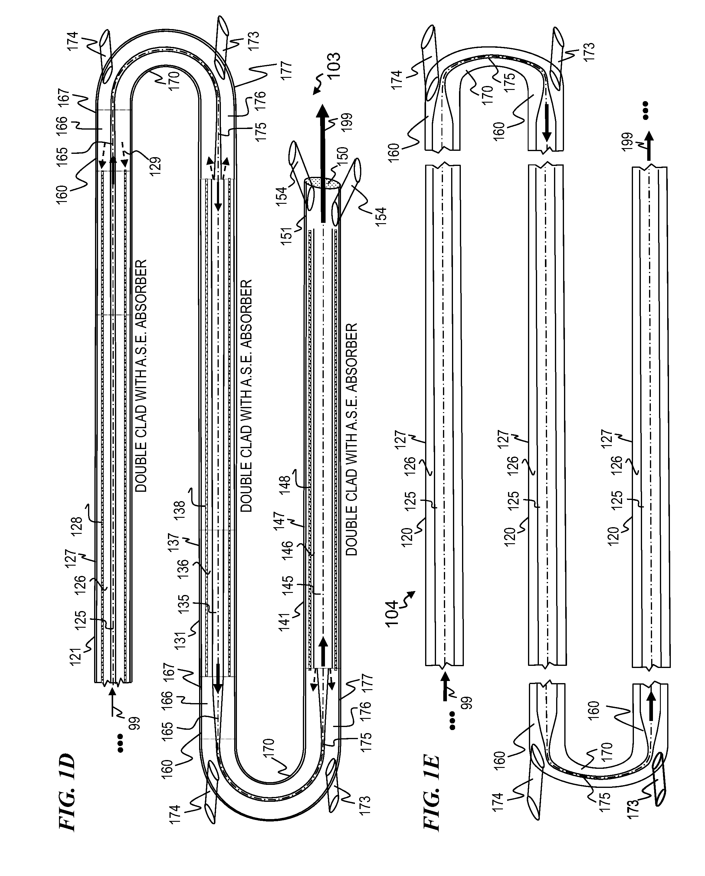 Optical gain fiber having segments of differing core sizes and associated method