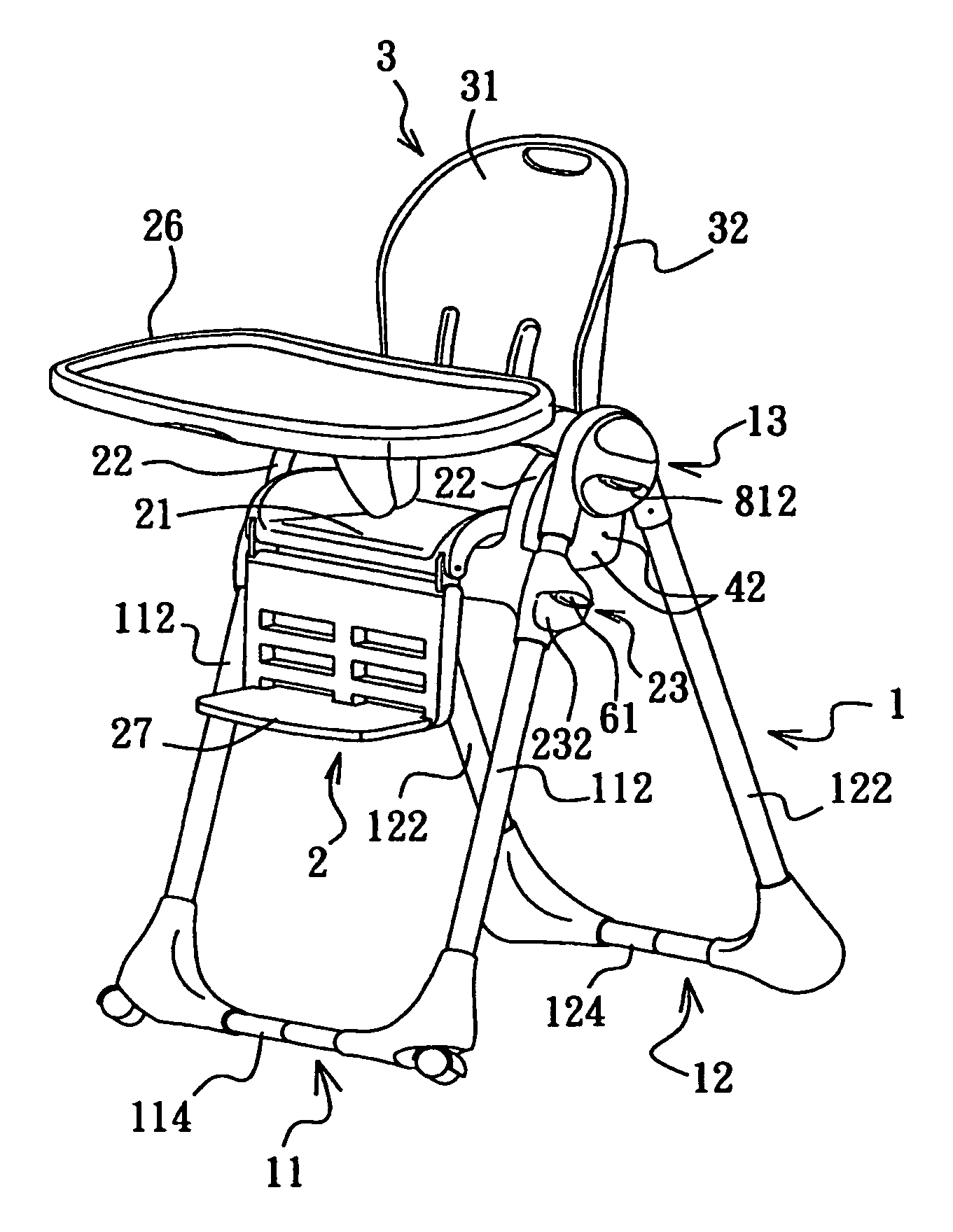 Child high chair with an inclination adjustable backrest