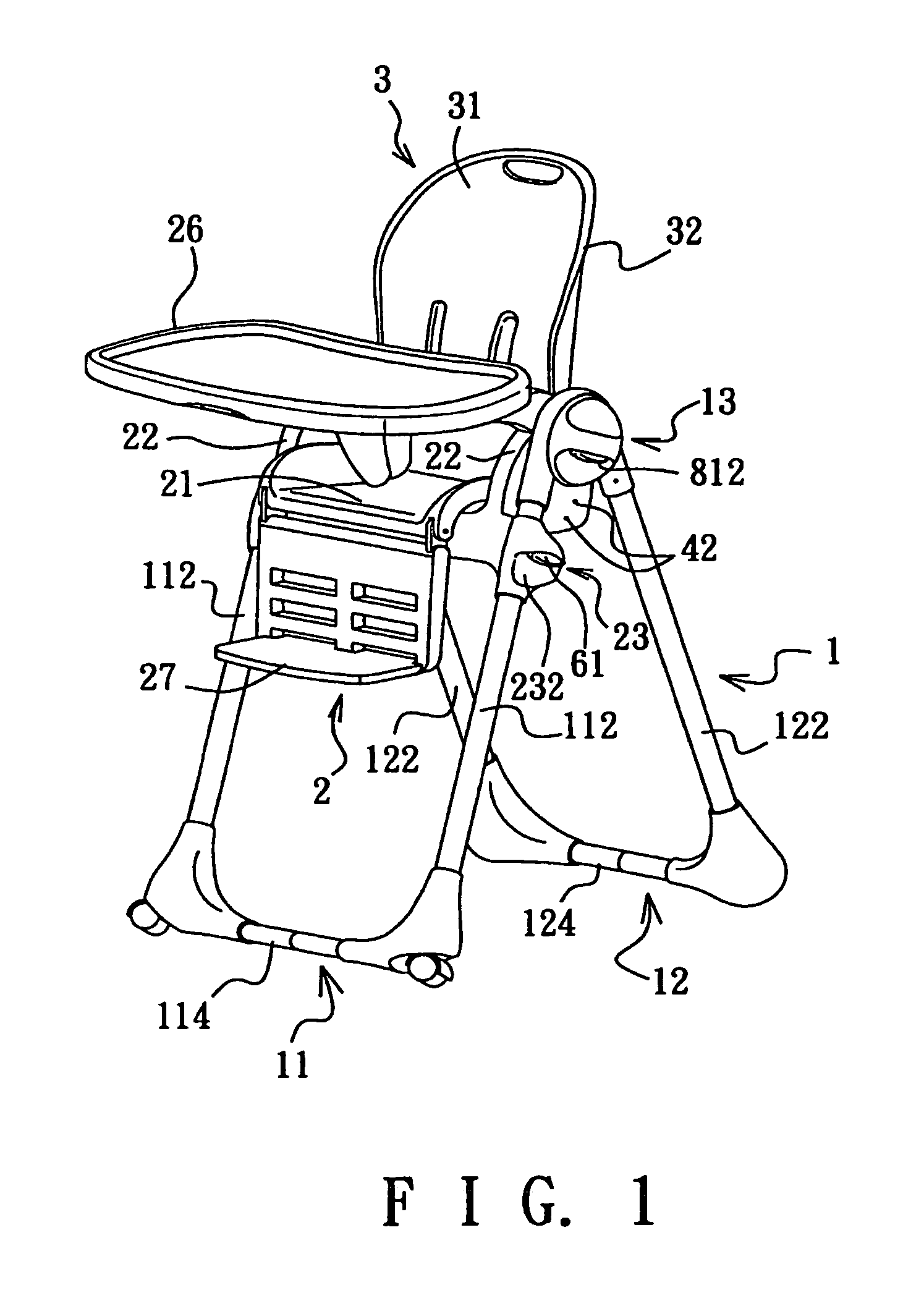 Child high chair with an inclination adjustable backrest