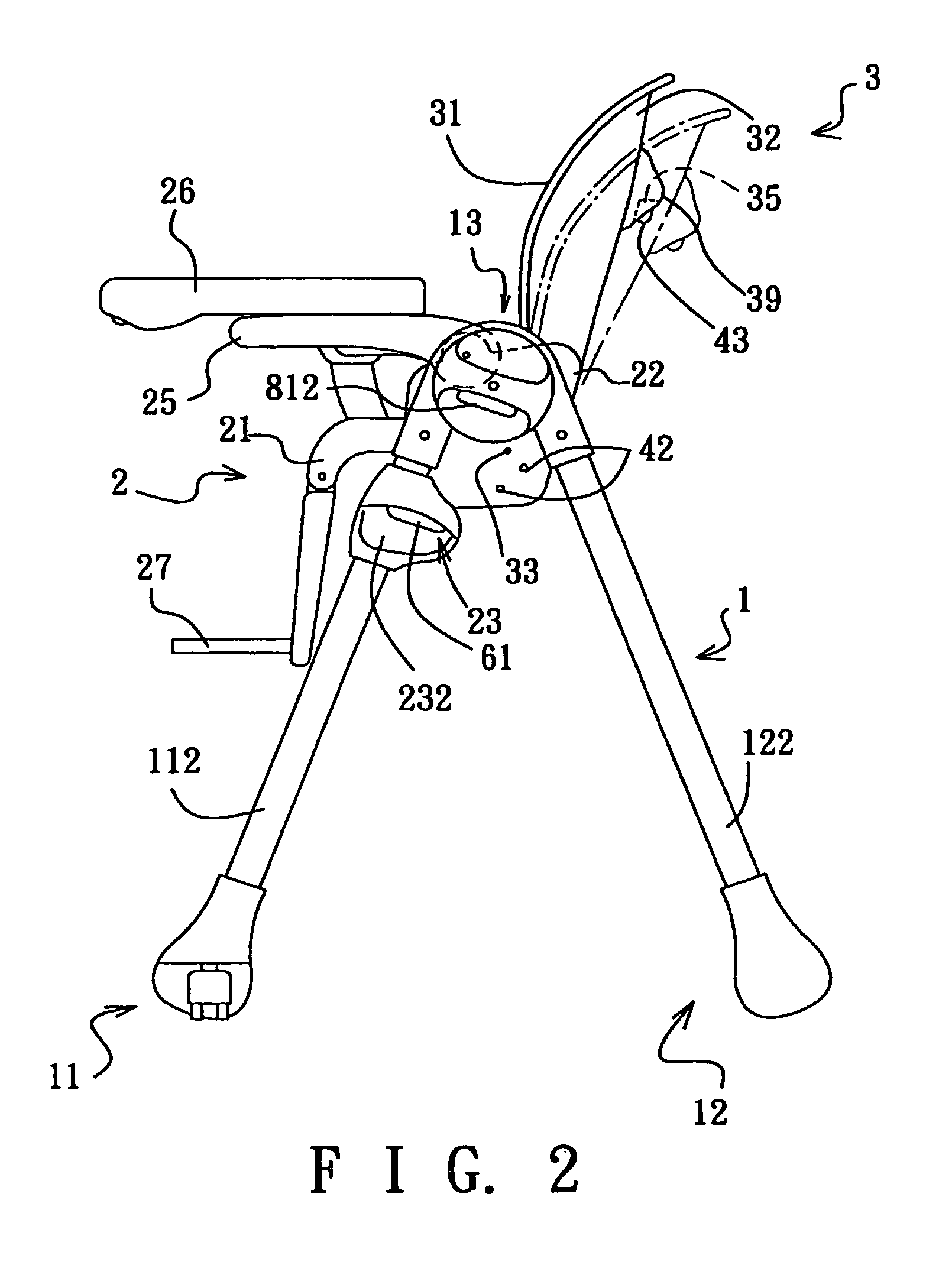 Child high chair with an inclination adjustable backrest