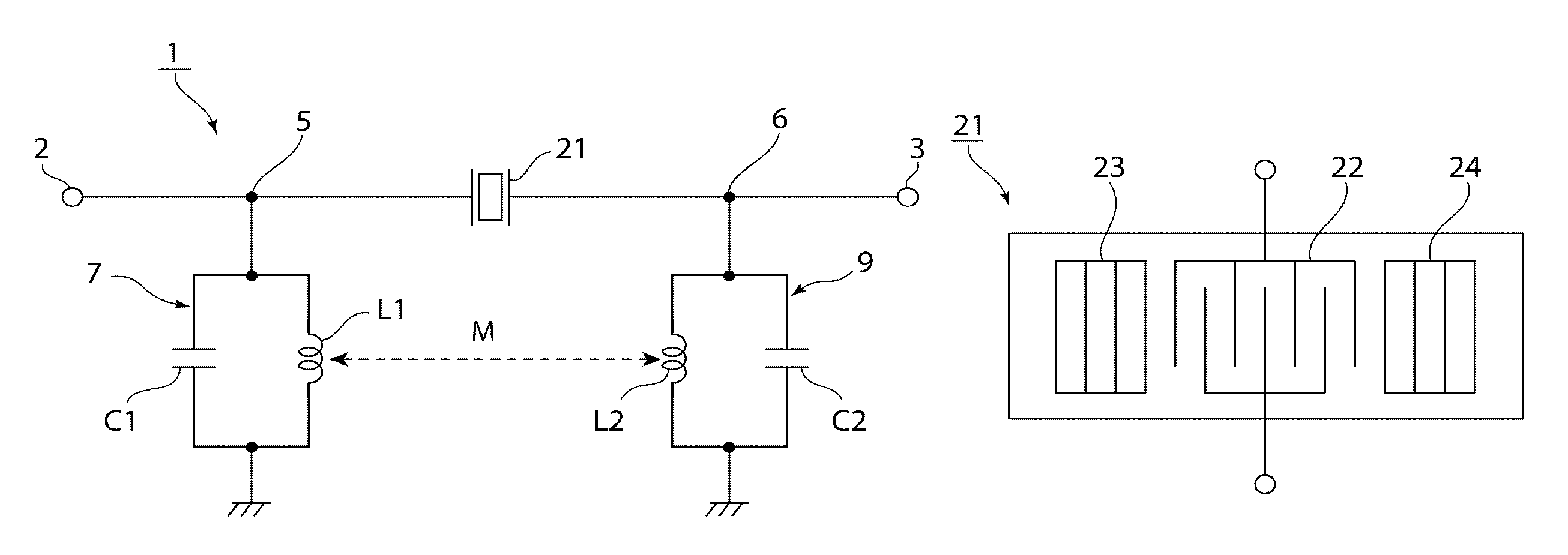 Elastic wave filter with magnetically coupled LC parallel resonance circuits