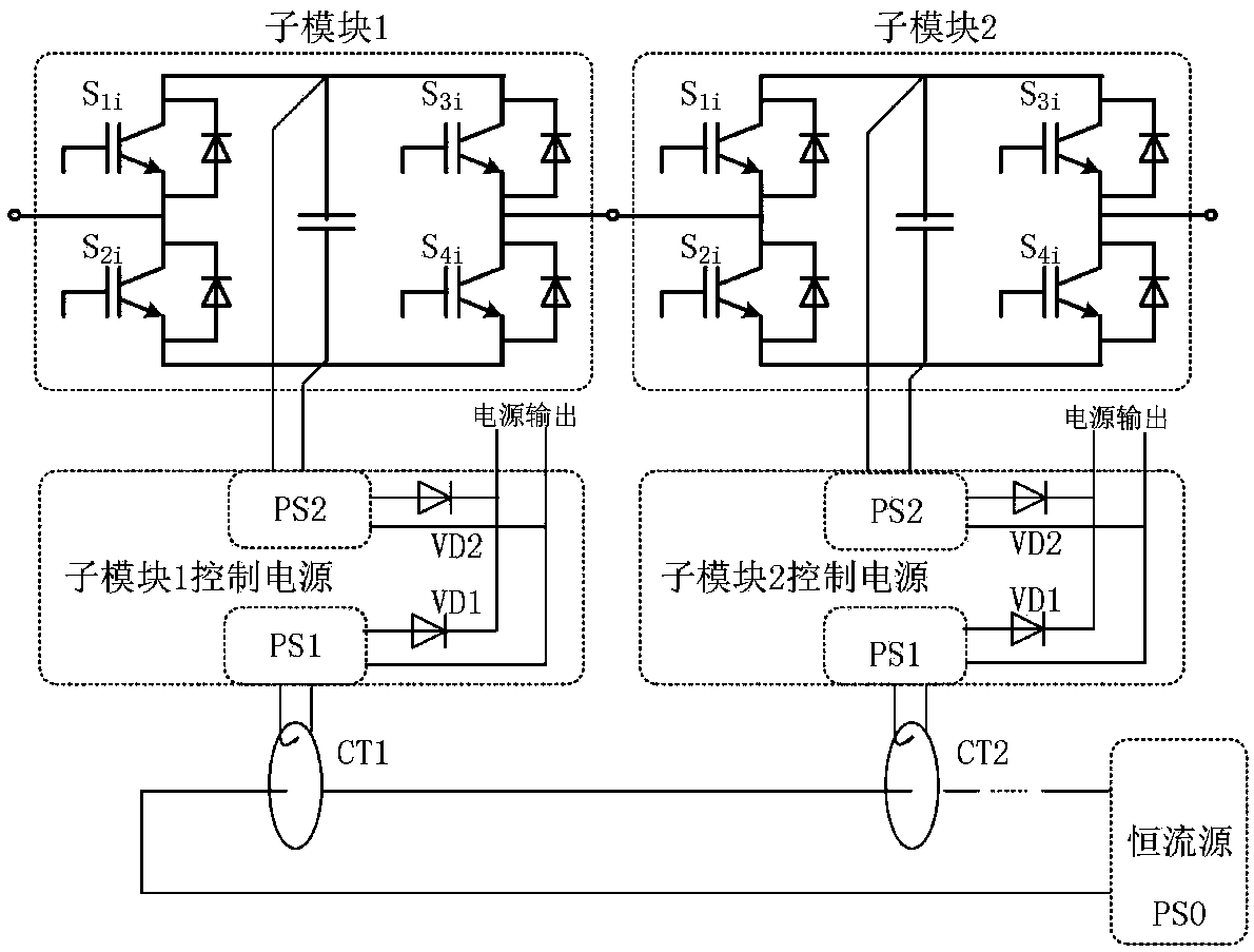 Separately-excited starting and self-excited power supply cascaded submodule power system