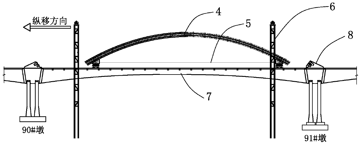 Longitudinal movement and lifting installation construction method for large steel pipe arch