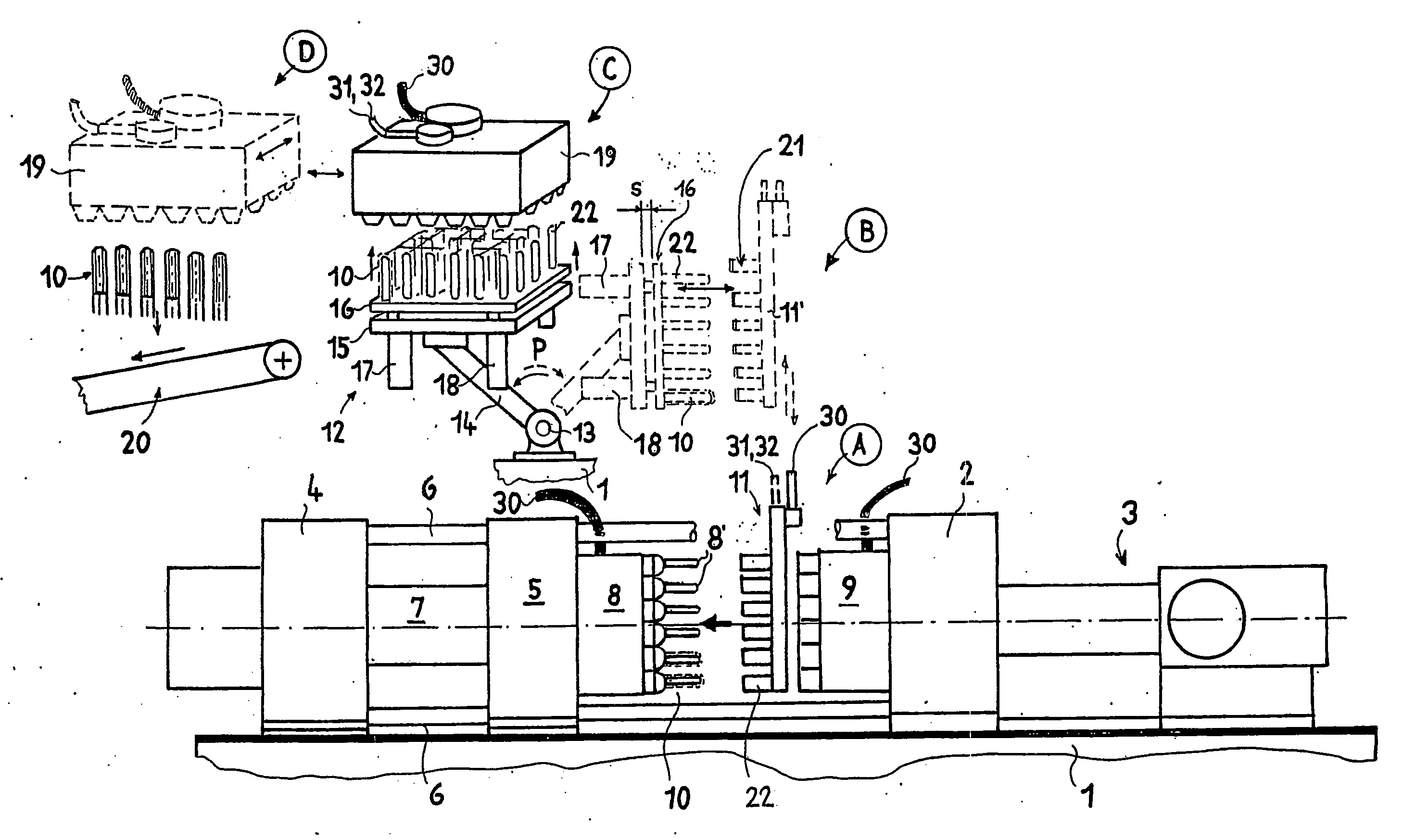 Method and device for the secondary treatment and the cooling of preforms