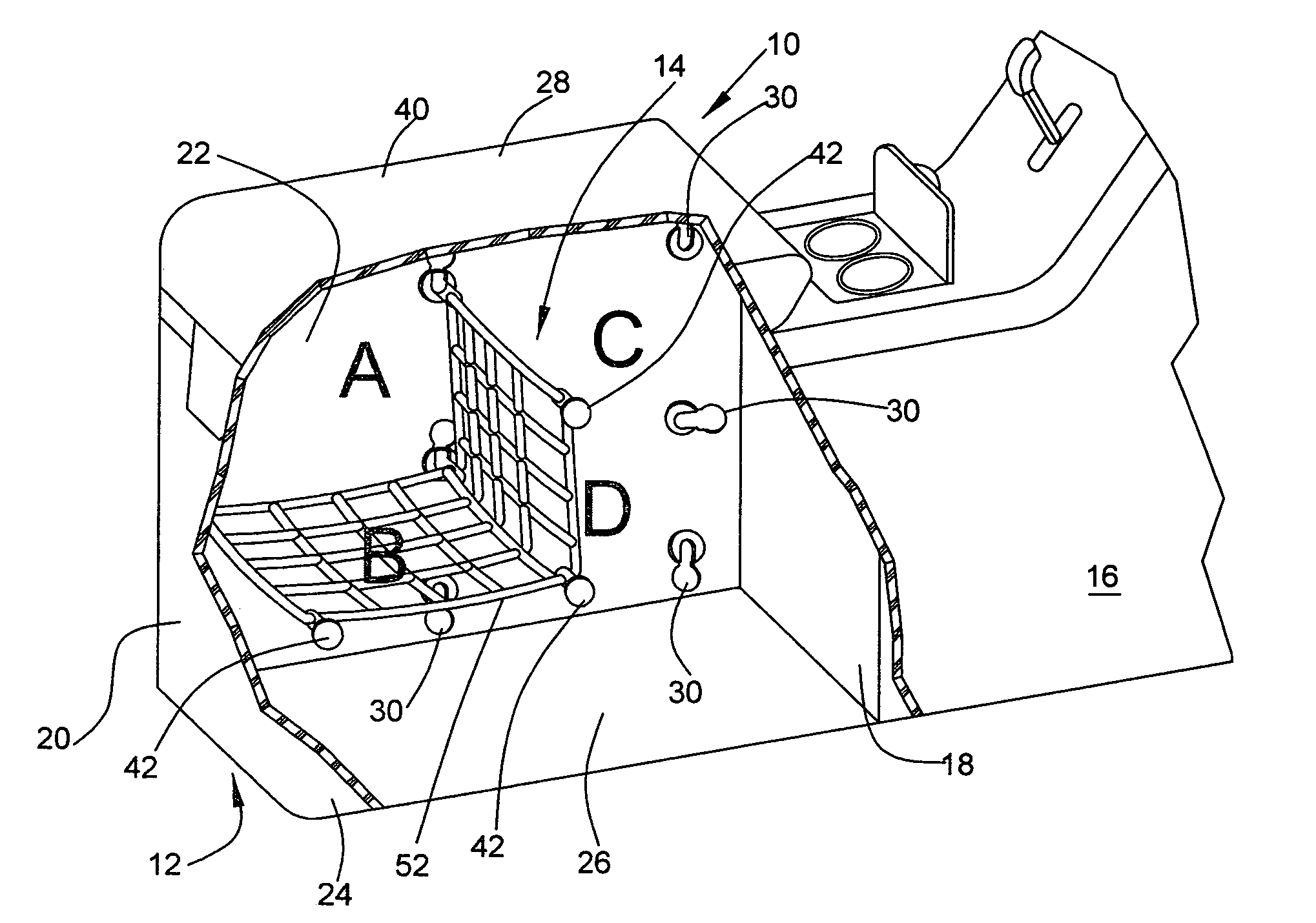 Vehicle center console defining a reconfigurable storage area