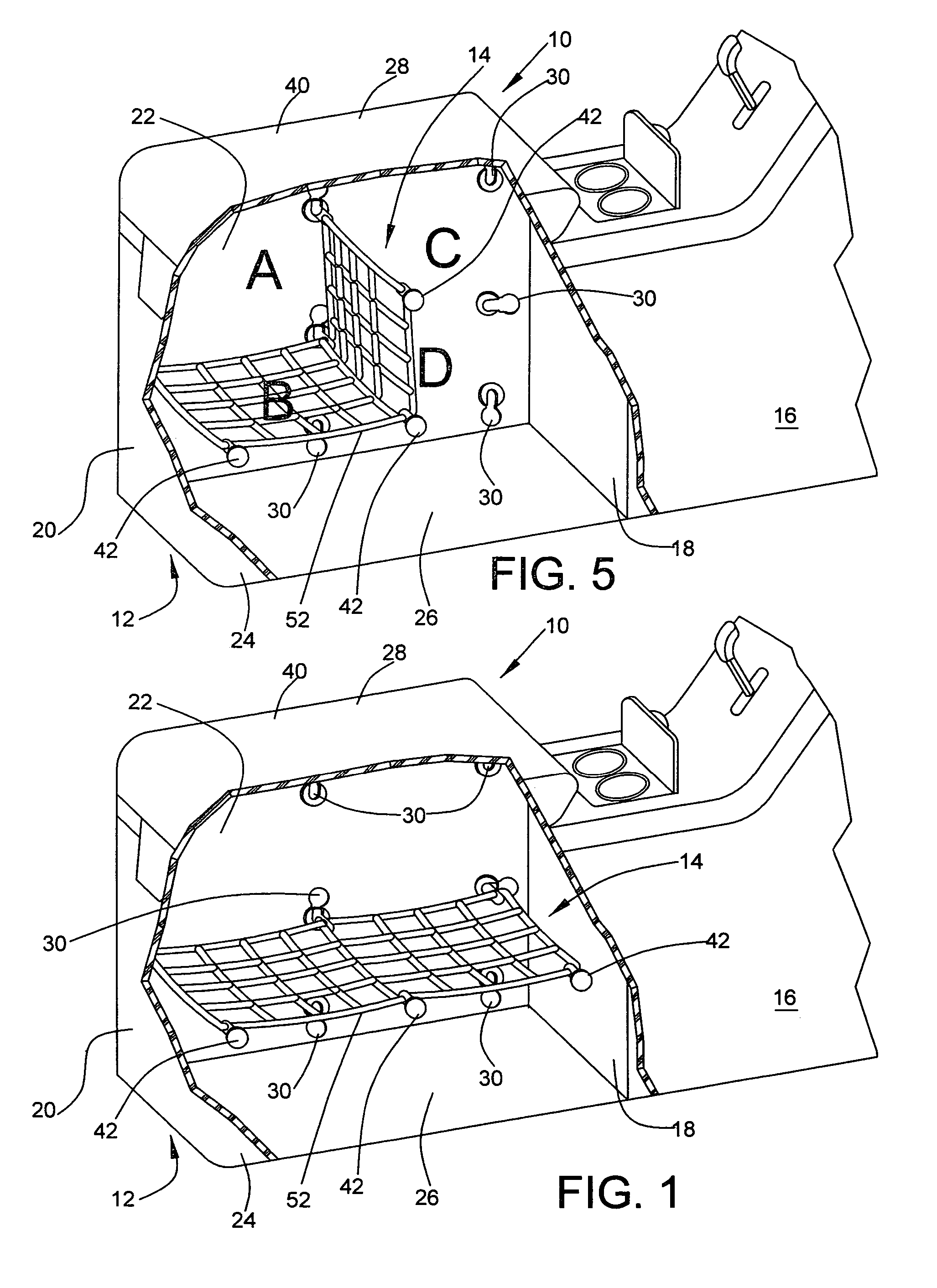 Vehicle center console defining a reconfigurable storage area