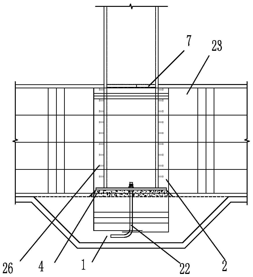 External-stretching-beam buried column base construction for reducing height of bearing table and construction method