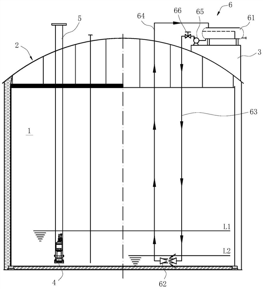 Low-temperature full-volume tank with low-liquid-level material extraction device