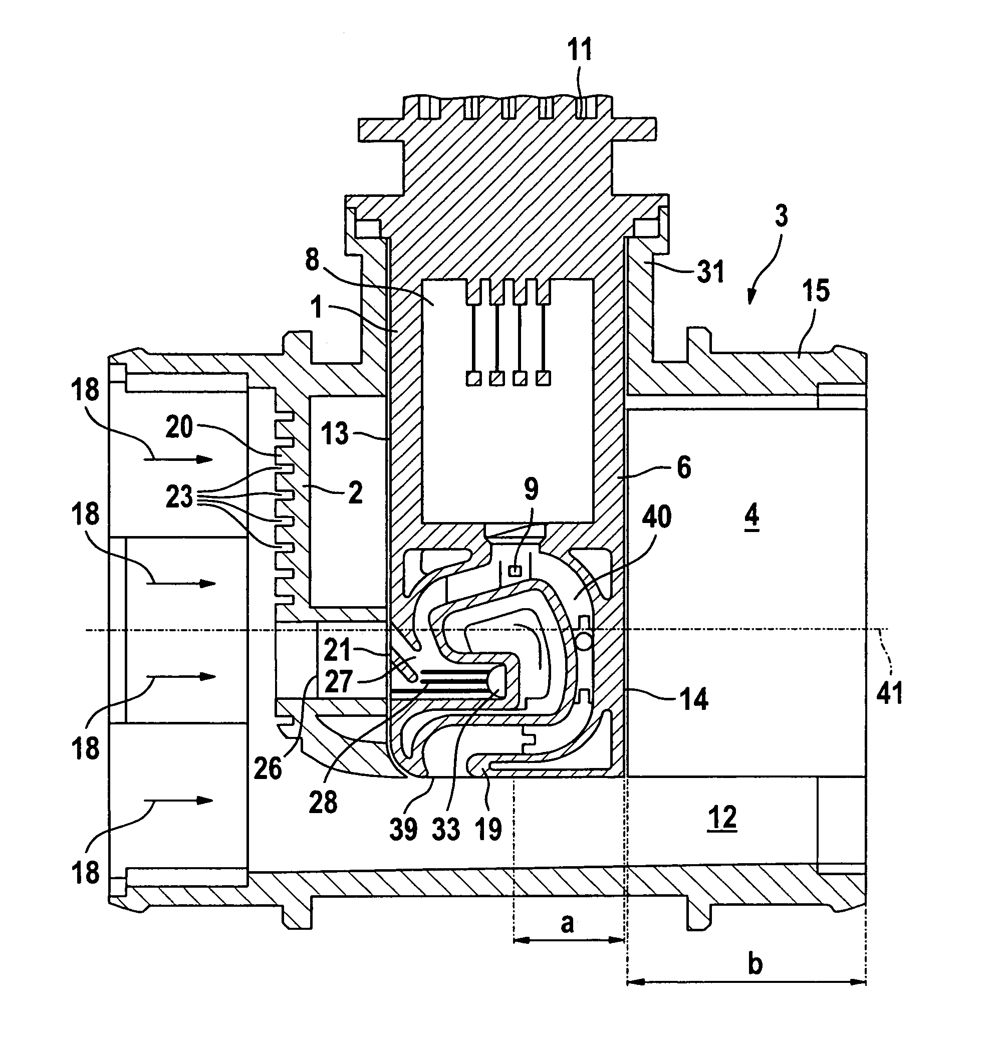 Device for determining at least one parameter of a medium flowing in a conduit