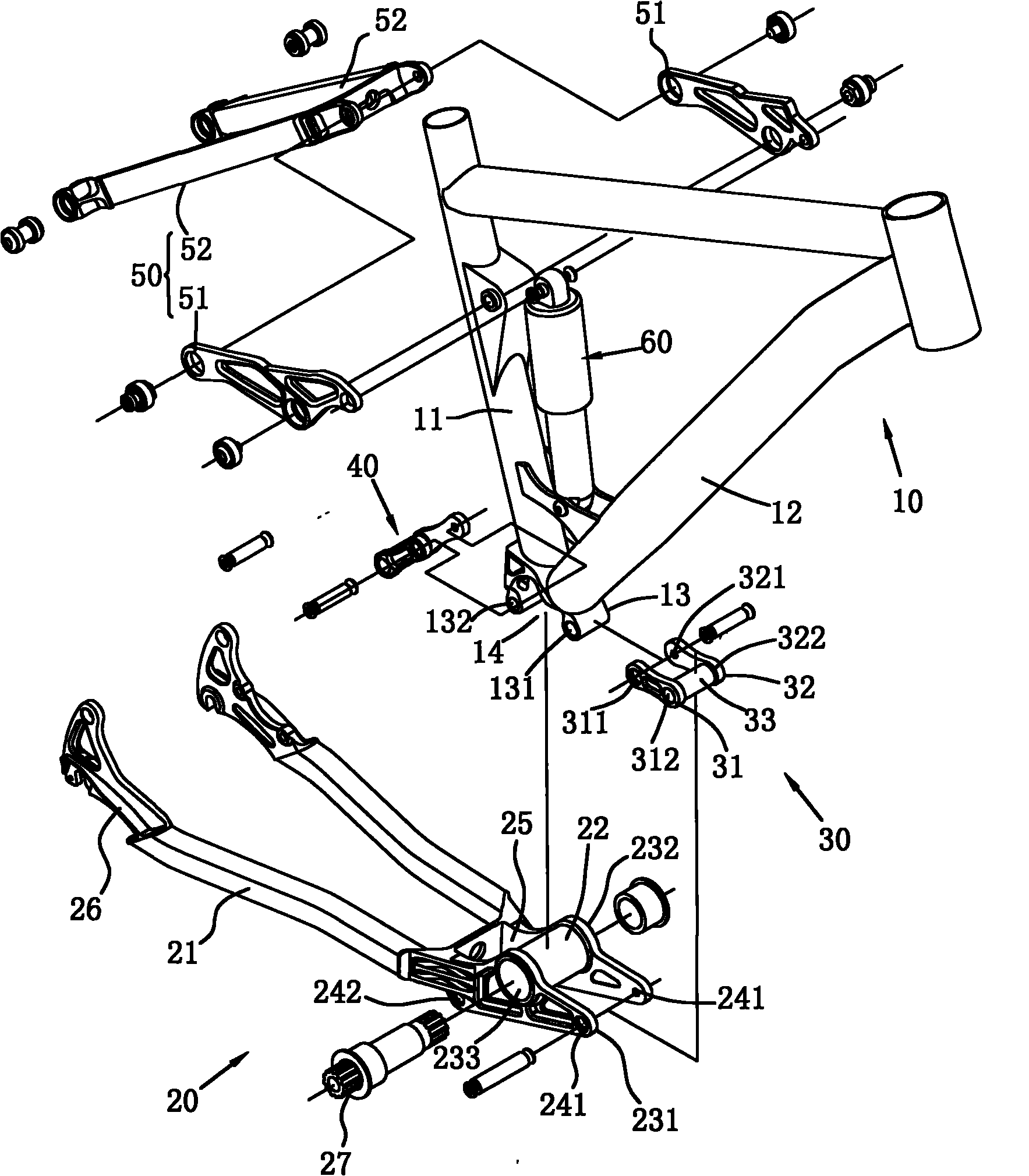 Rear suspension five-way connecting rod device for bicycle