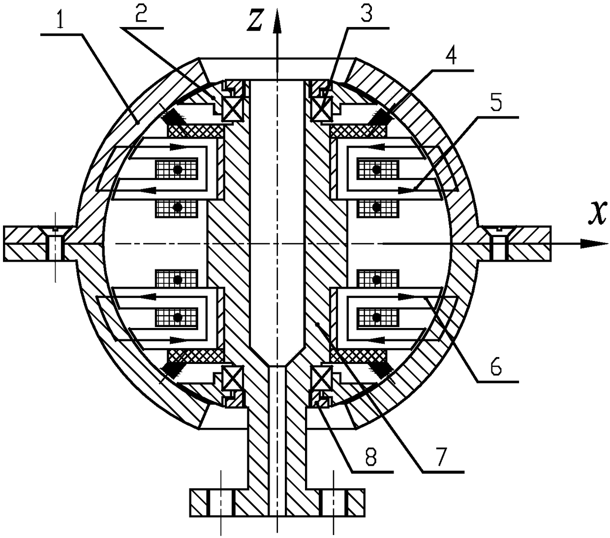 A spherical magnetic suspension bearing device