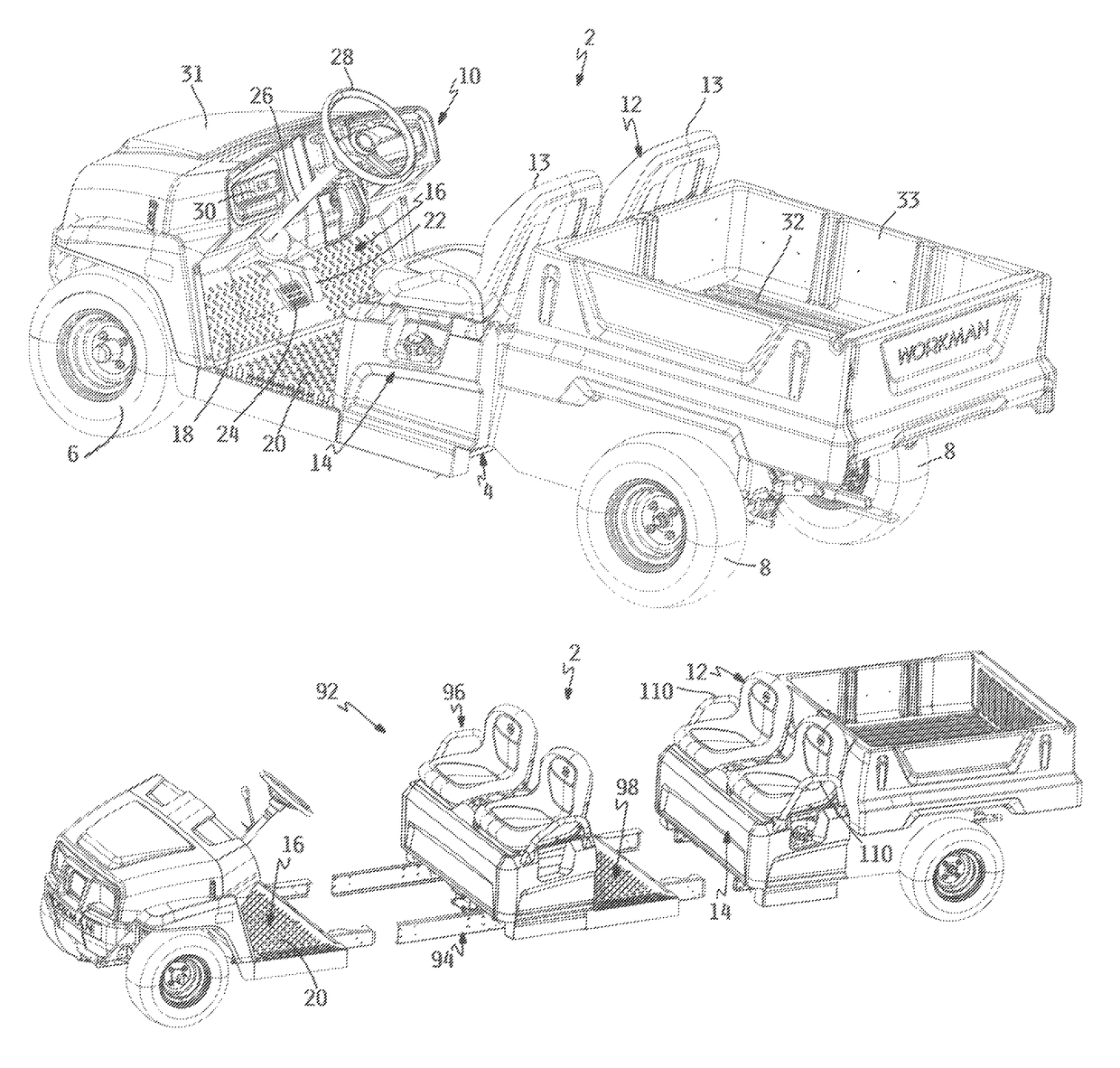 Method and kits for converting a two seat utility vehicle to a four seat configuration and for providing an extended bed thereon