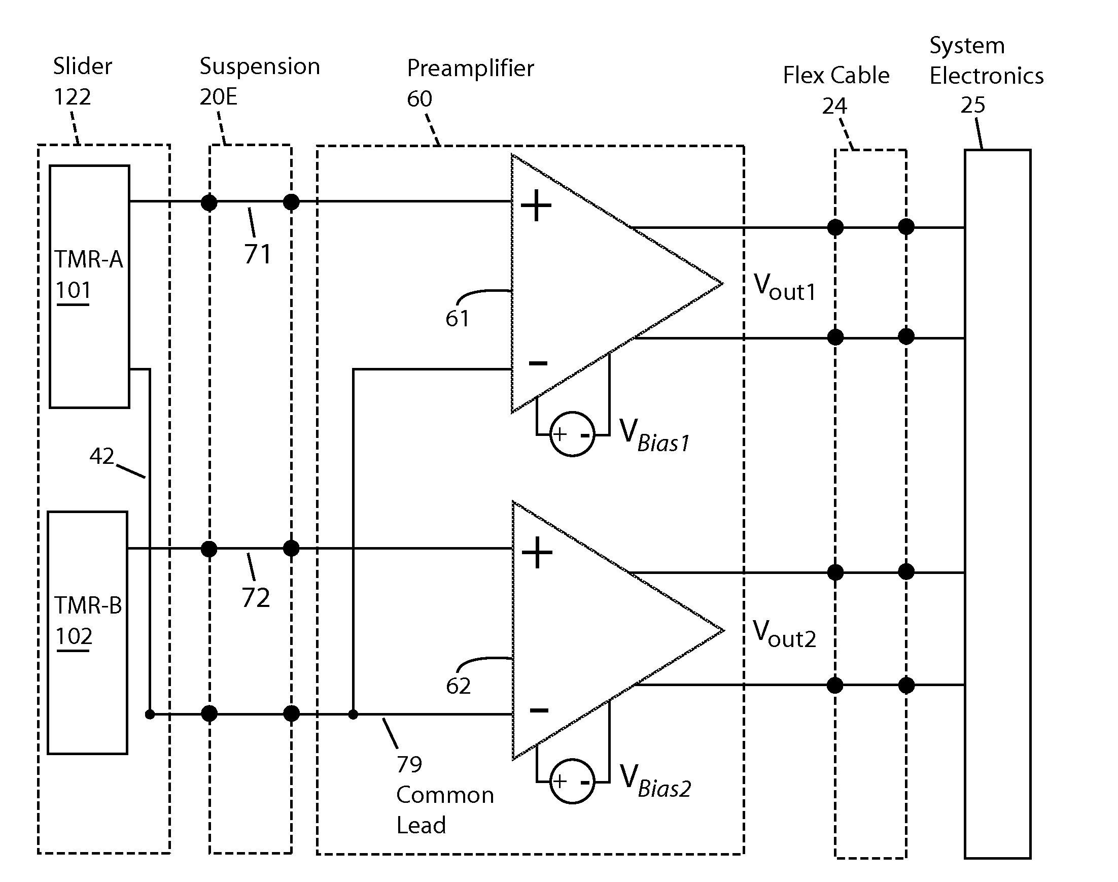 Disk drive with preamplifier with isolation for multiple readers in a slider with a common return signal