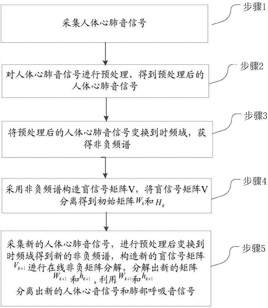 Human body heart and lung sound real-time blind separation method and system