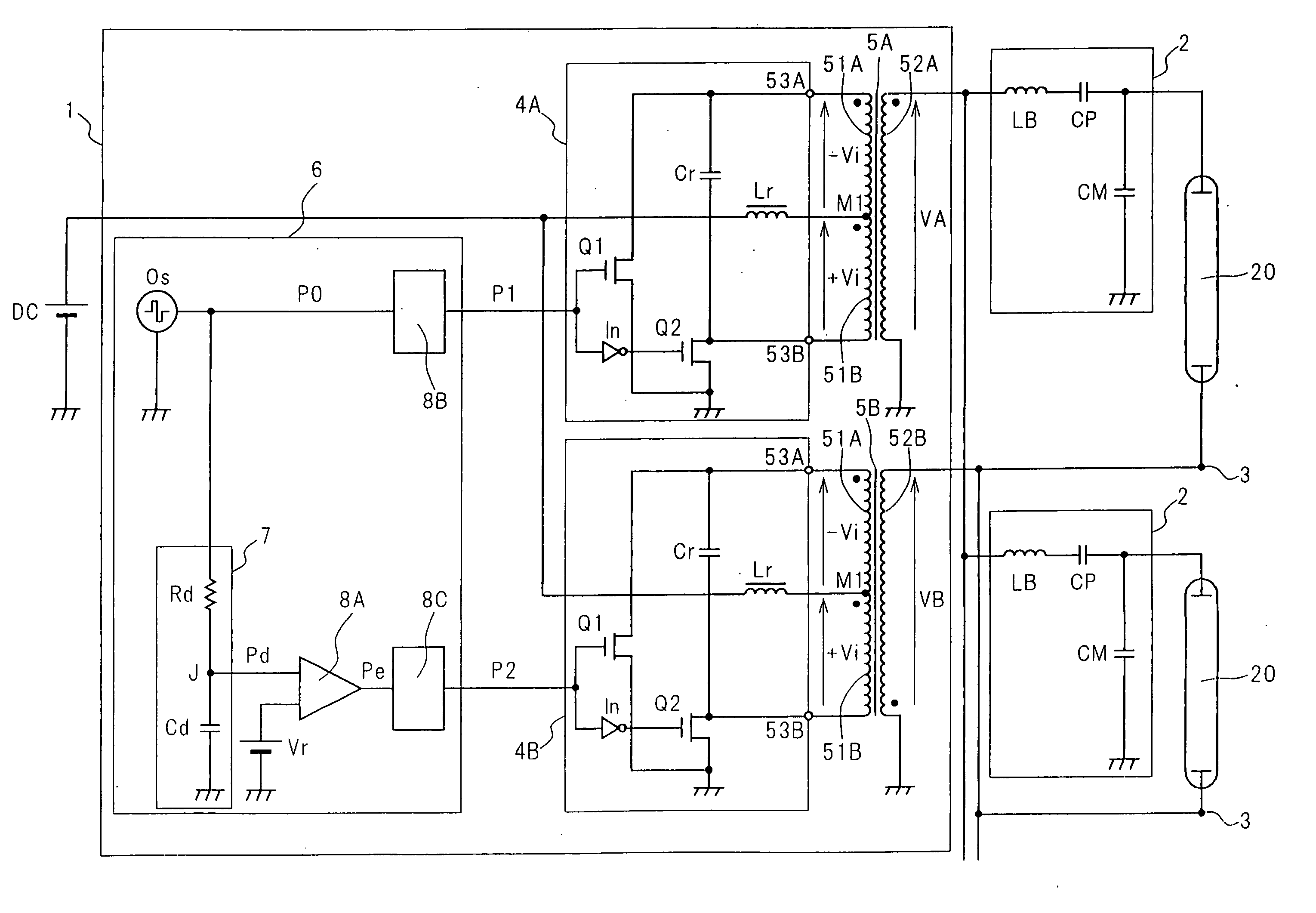 Cold-cathode tube lighting device for use in a plurality of cold-cathode tubes lit by two low-impedance power sources