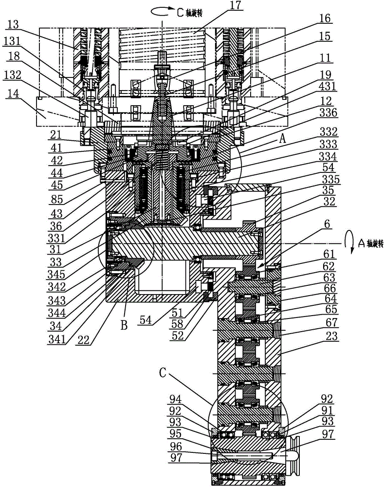 Universal side milling head for milling square rams