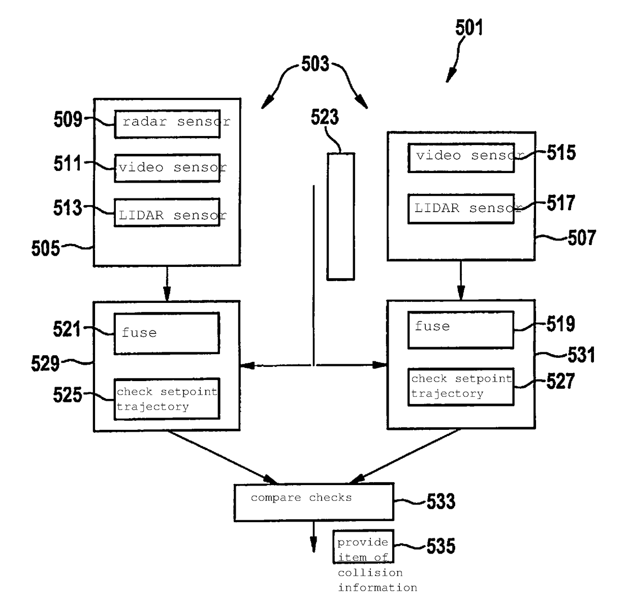 Method and device for monitoring a setpoint trajectory to be traveled by a vehicle for being collision free