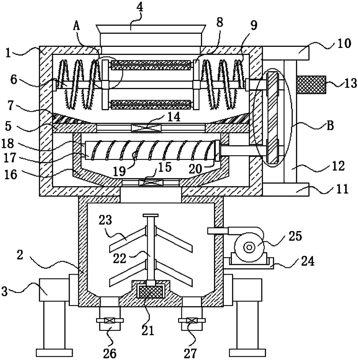 Chemical raw material processing device with drying function