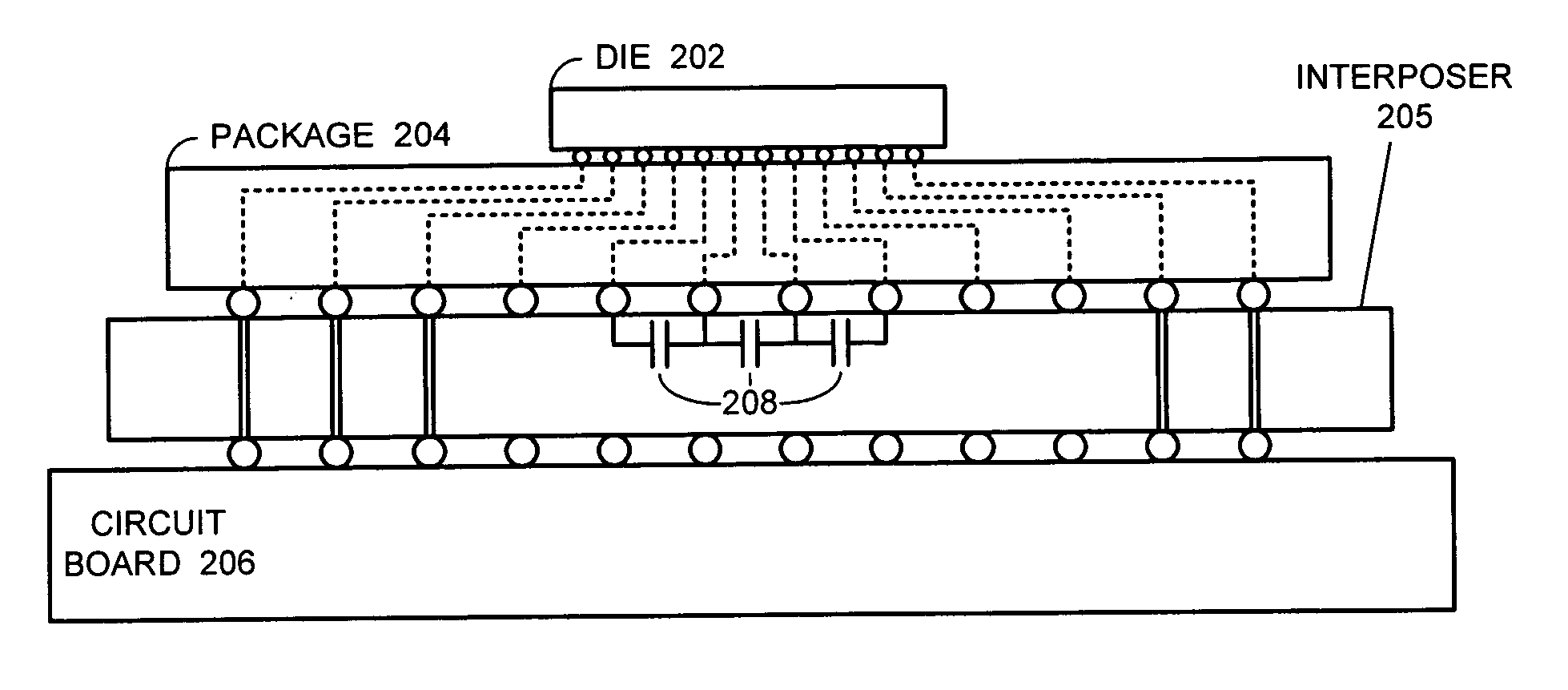 Interposer containing bypass capacitors for reducing voltage noise in an IC device