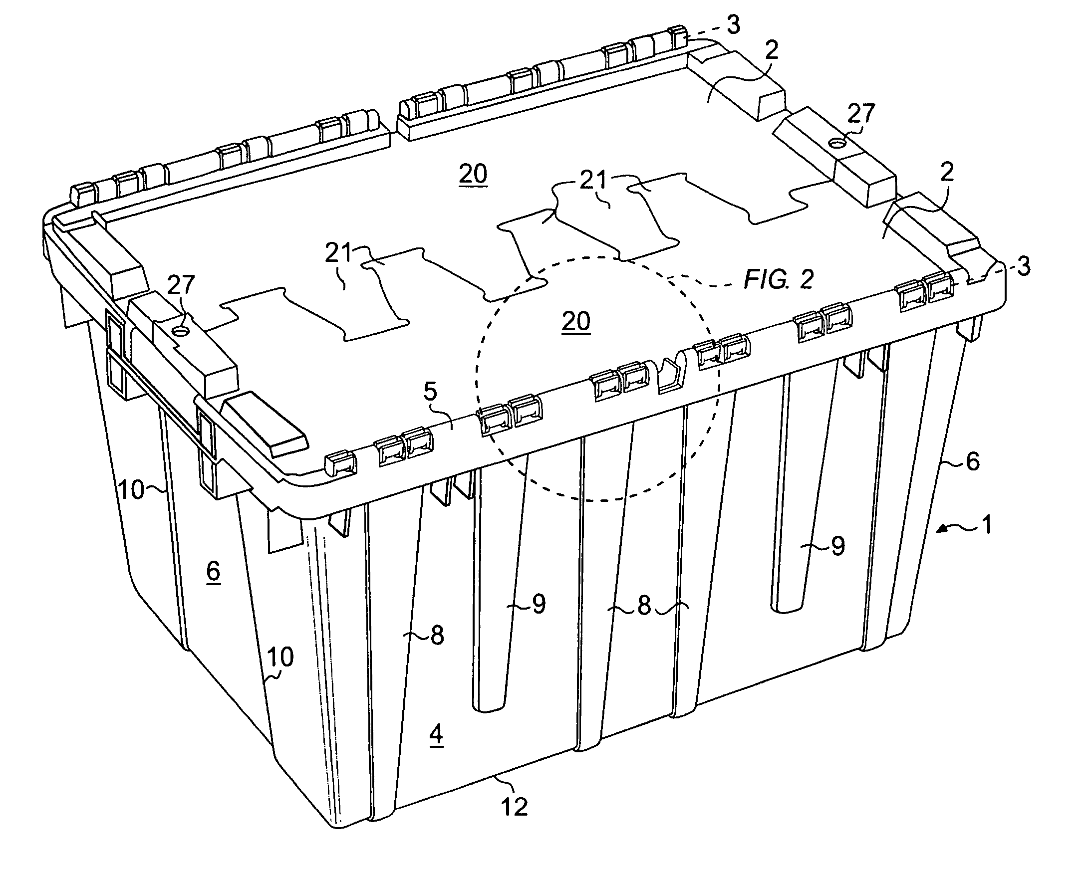 Molded container with hinged lids having a knuckle and pin connection