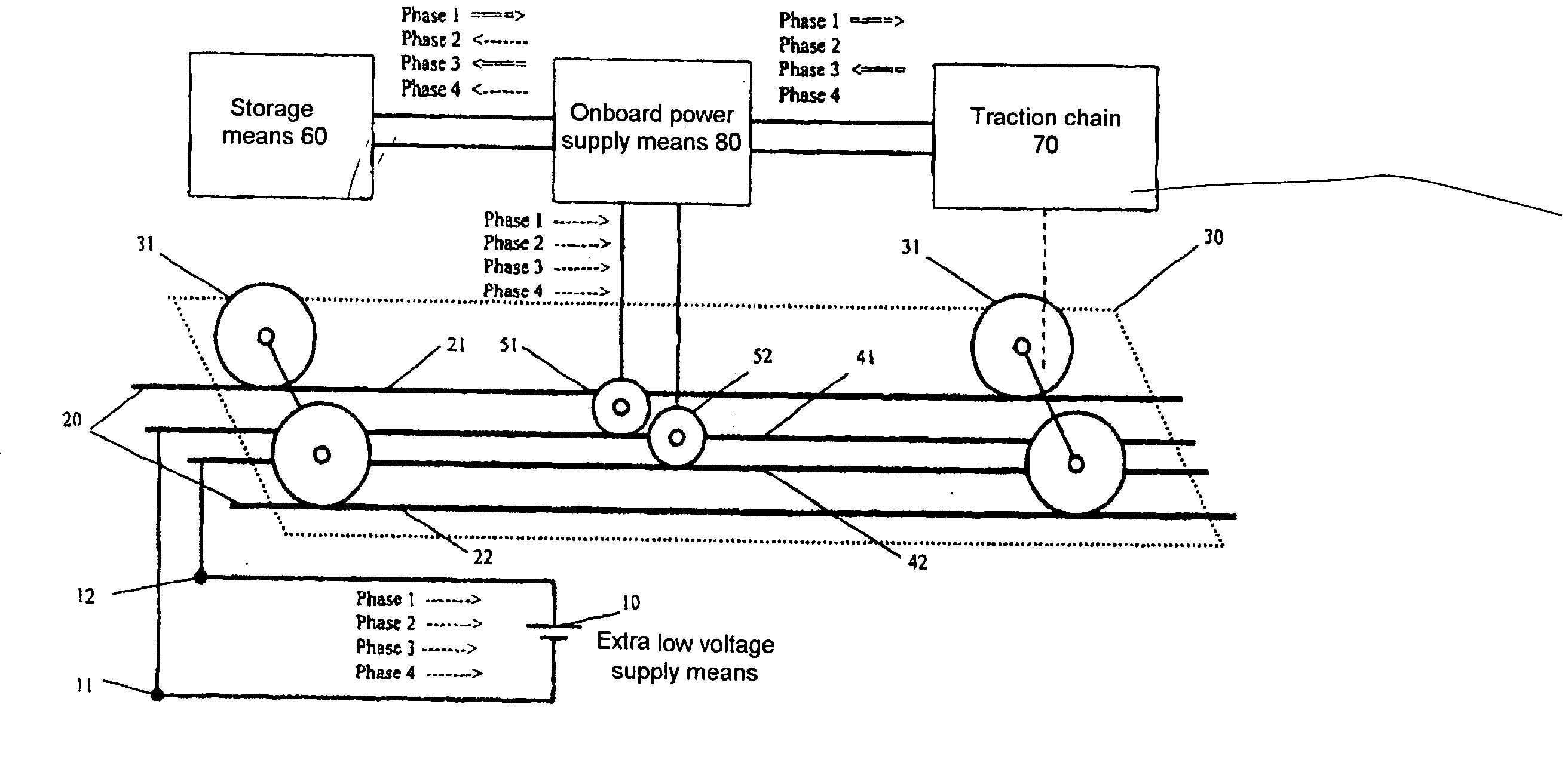 System For Supplying Very Low Voltage Electrical Energy For An Electrical Traction Vehicle Comprising An Onboard Store Of Energy