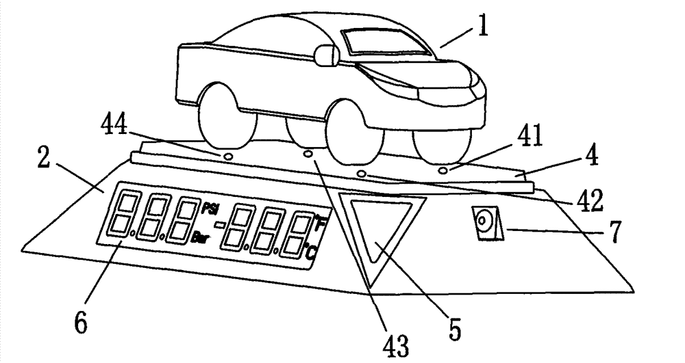 Vehicle tyre pressure monitoring and alarm device displayed by vehicle model