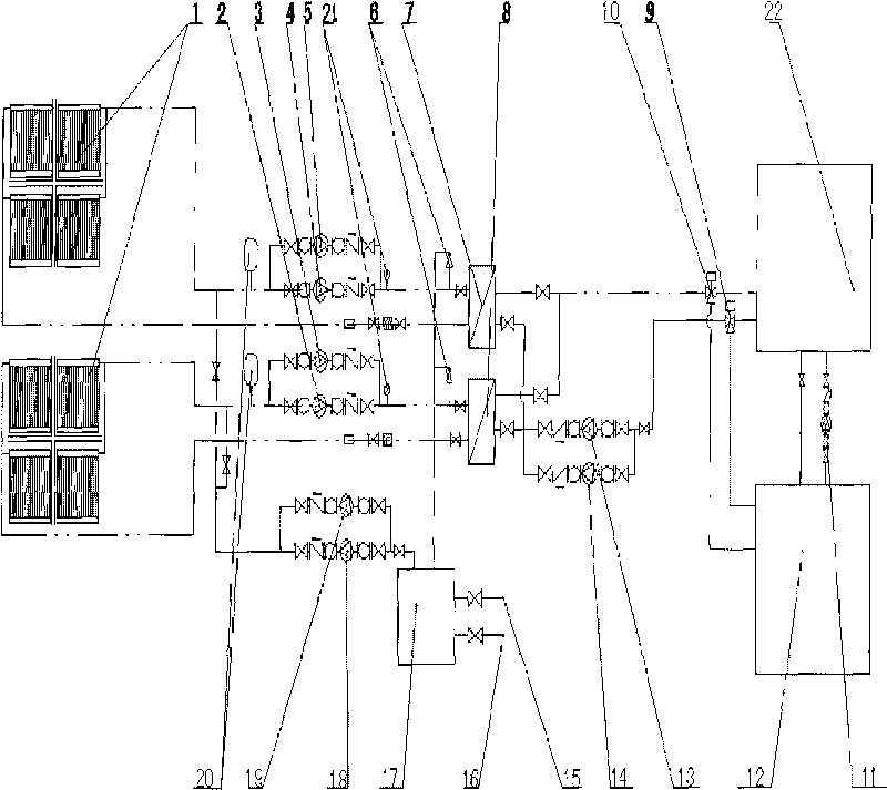 Process method and device for refrigeration, heating and water supply by utilizing solar energy