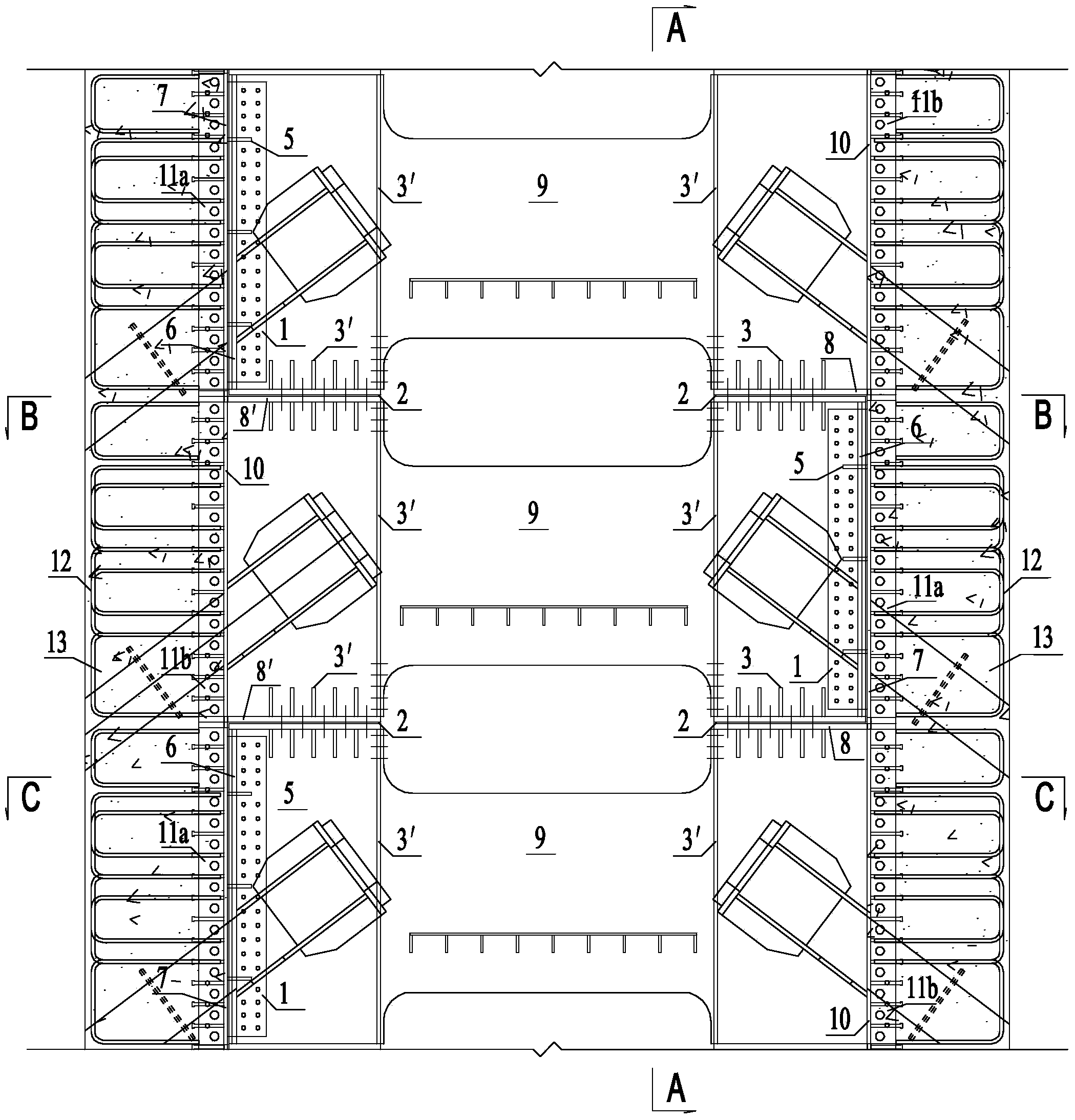 Anchor device of first sliding and then fixing type combined steel anchor boxes of cable stayed bridge and construction method thereof