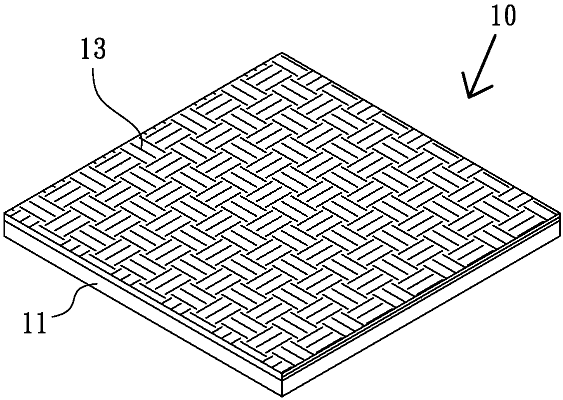 Plastic floor forming method with layered structure of woven fabric.