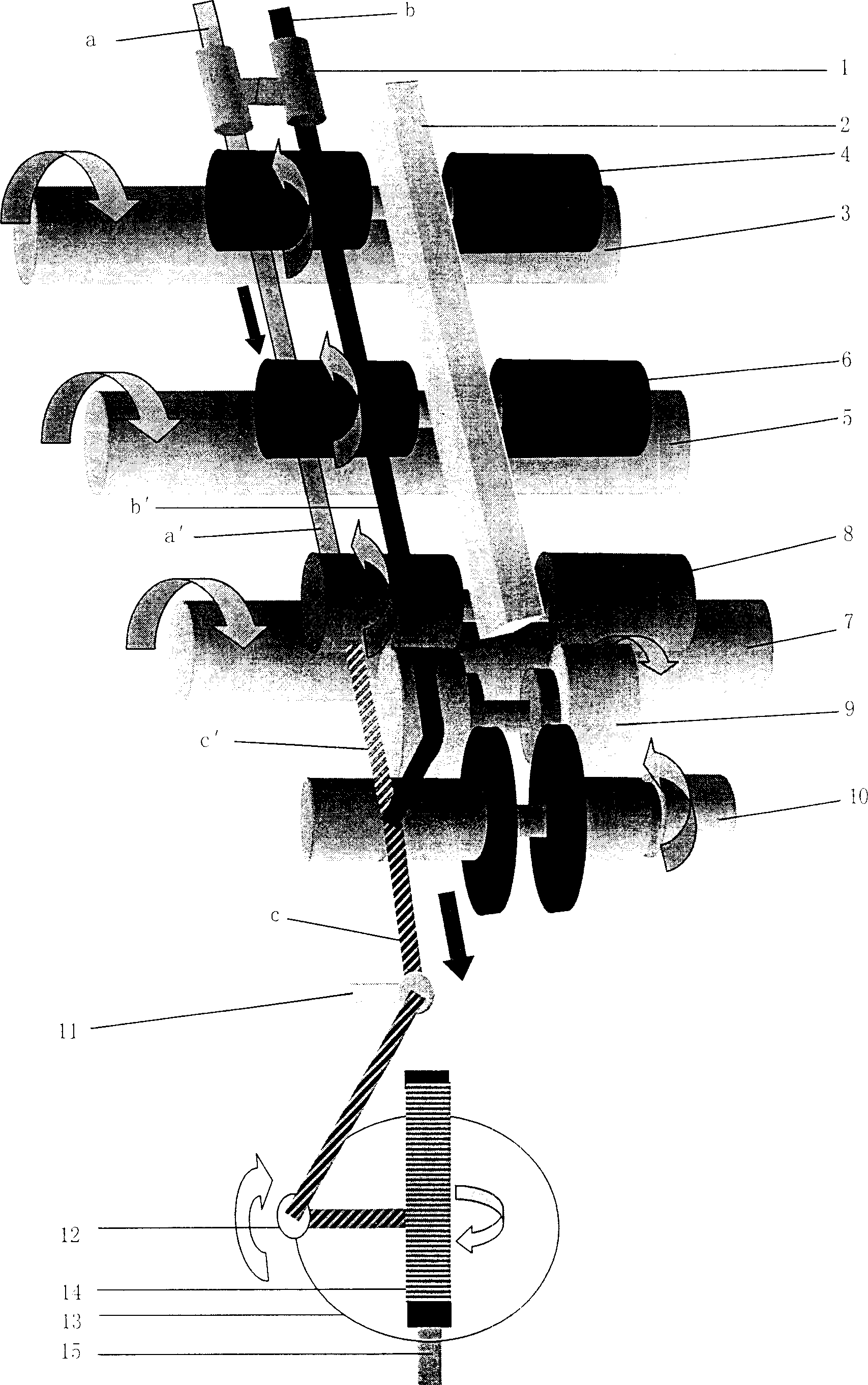 Production method of short staple enveloped composite yarn and its device