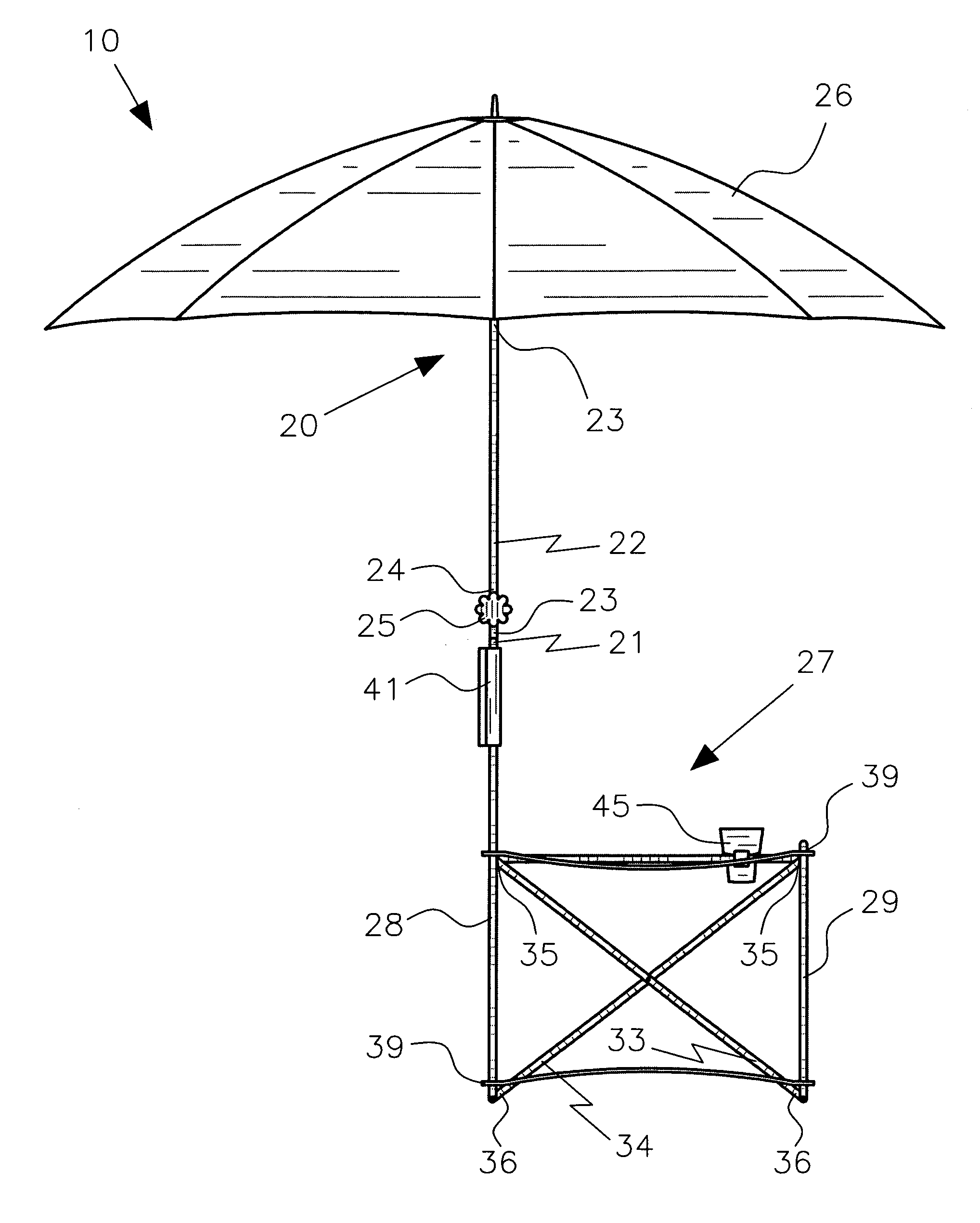 Combination umbrella and folding chair and associated method