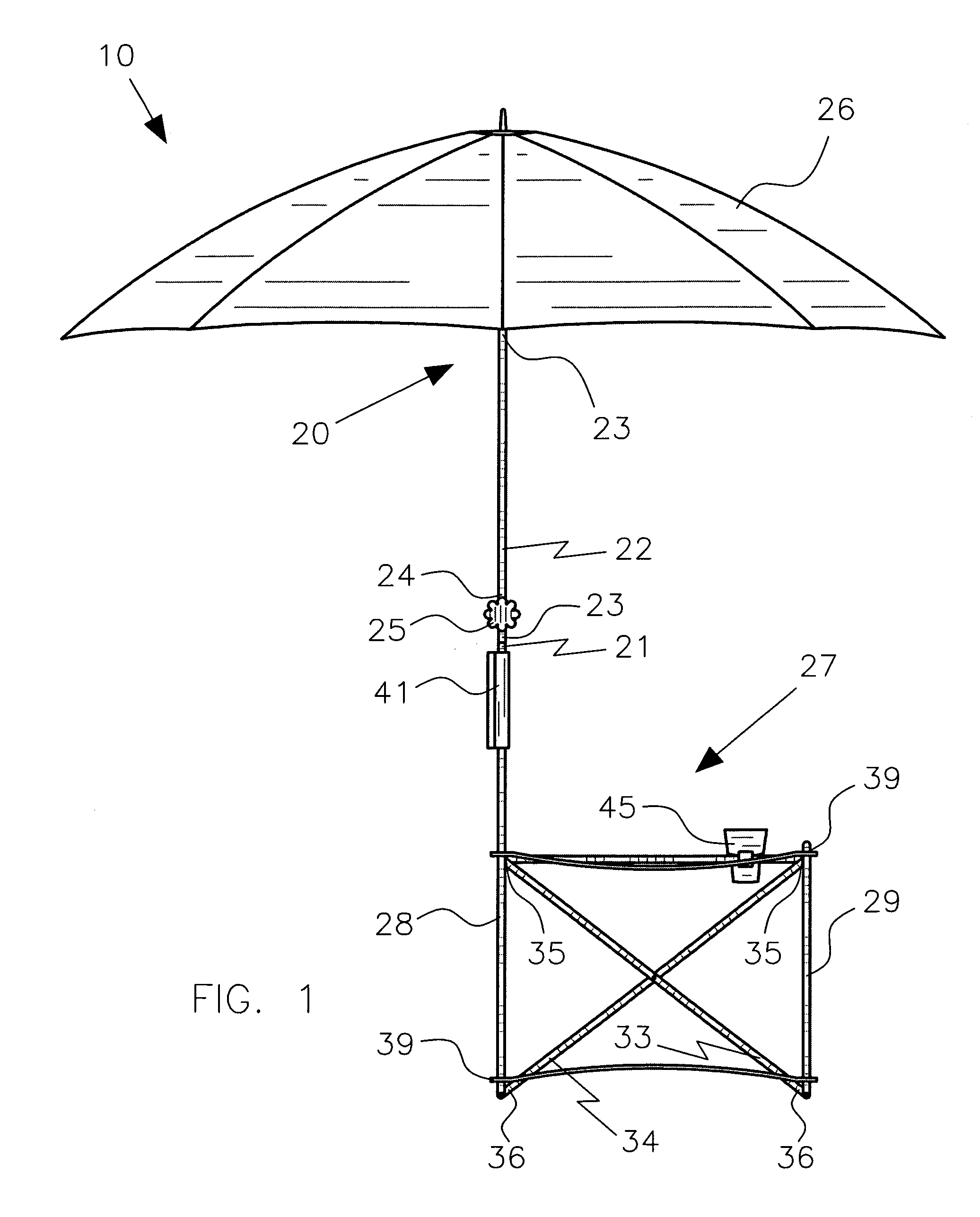 Combination umbrella and folding chair and associated method