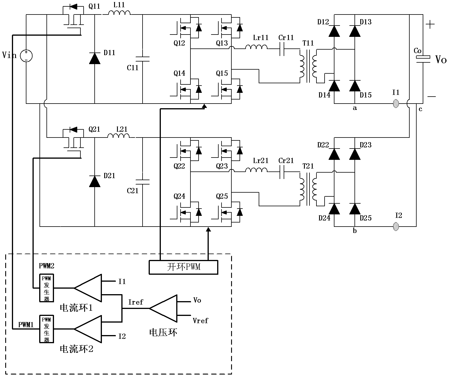 Multiphase phase stagger parallel connection two-stage converter