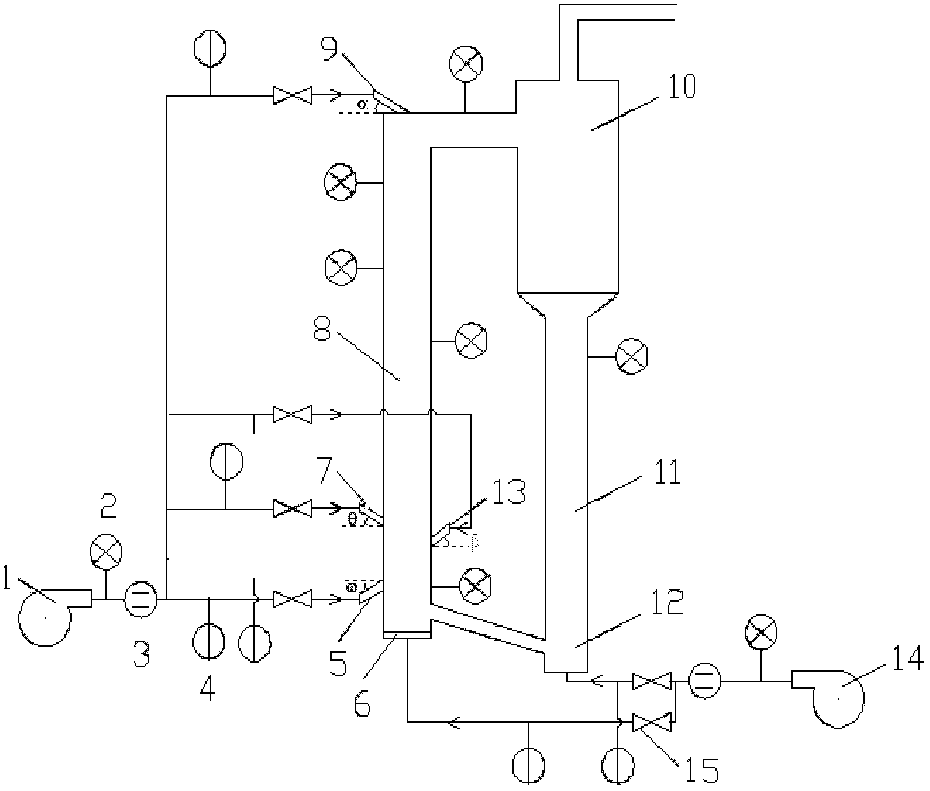 High density circulating fluidized bed device of four-point air-inflated structure used B category particle