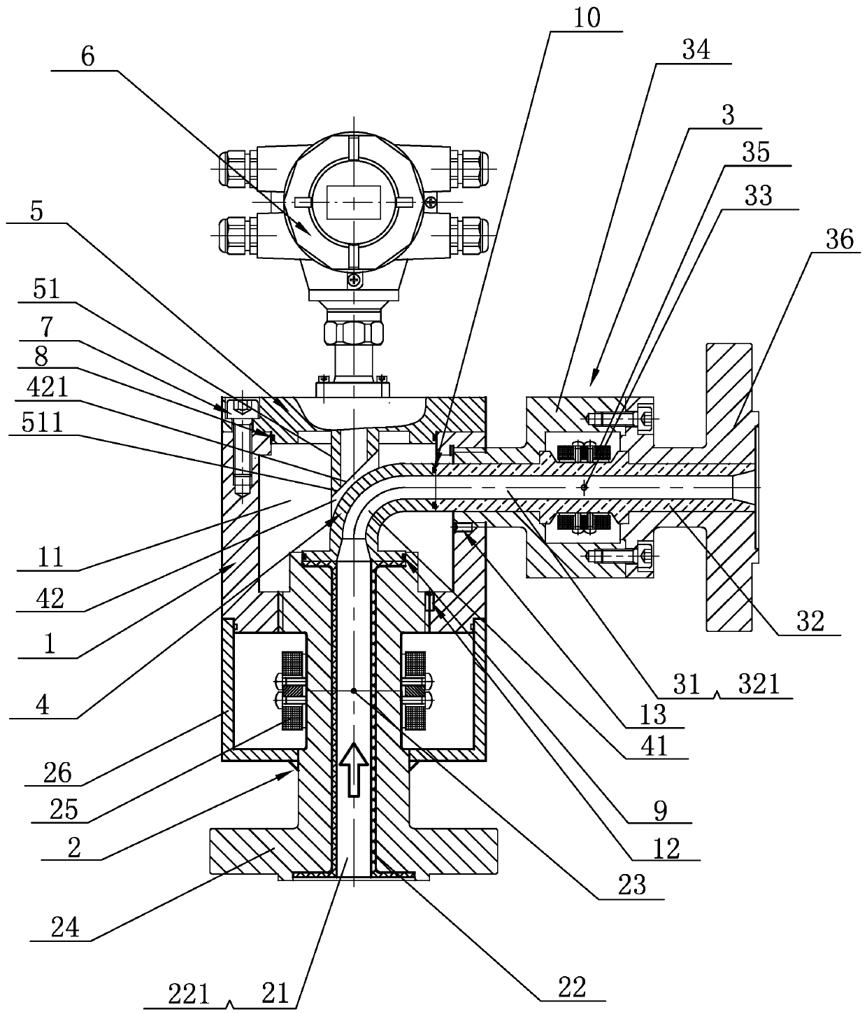 High-maintainability right-angle electromagnetic flowmeter