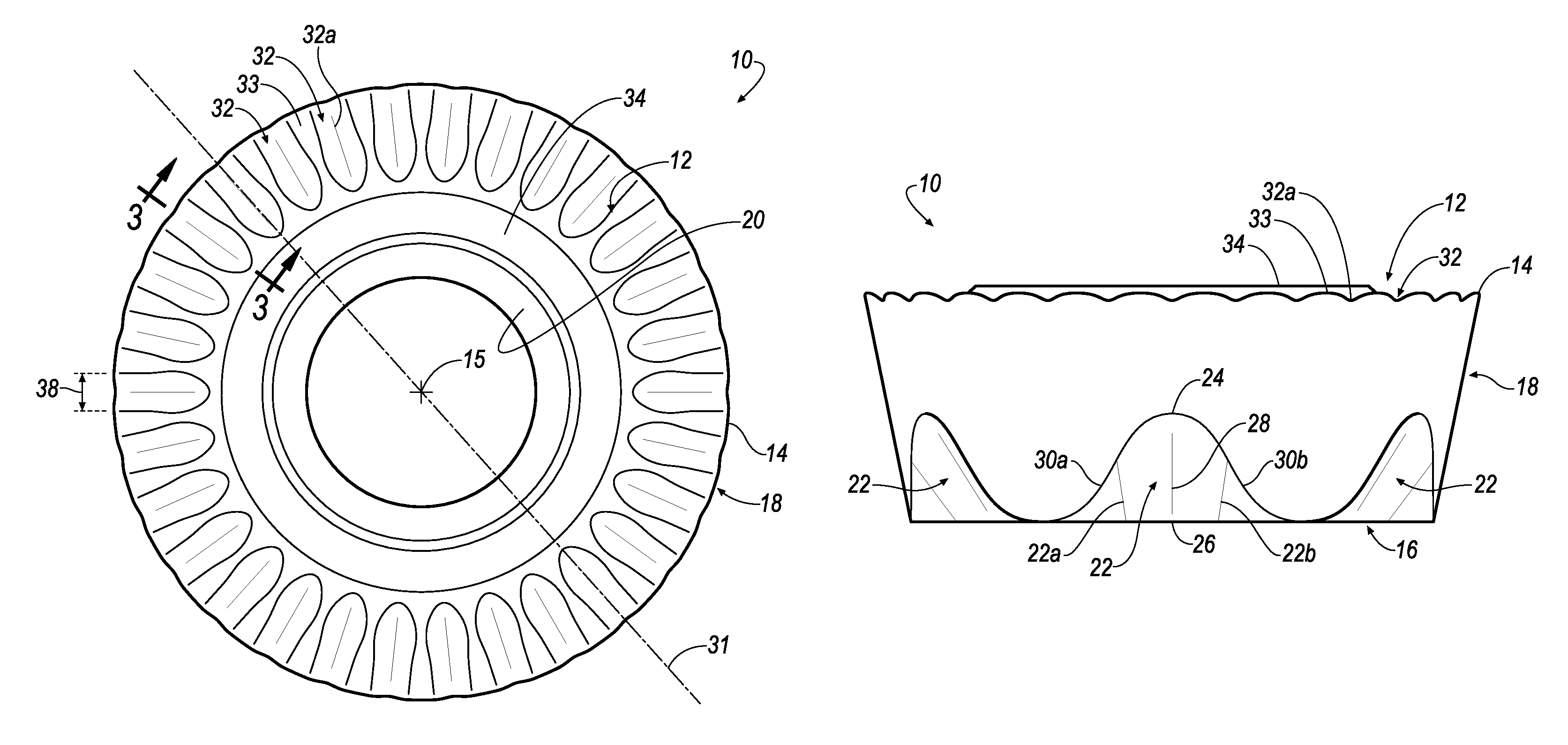 Round cutting insert with serrated topography