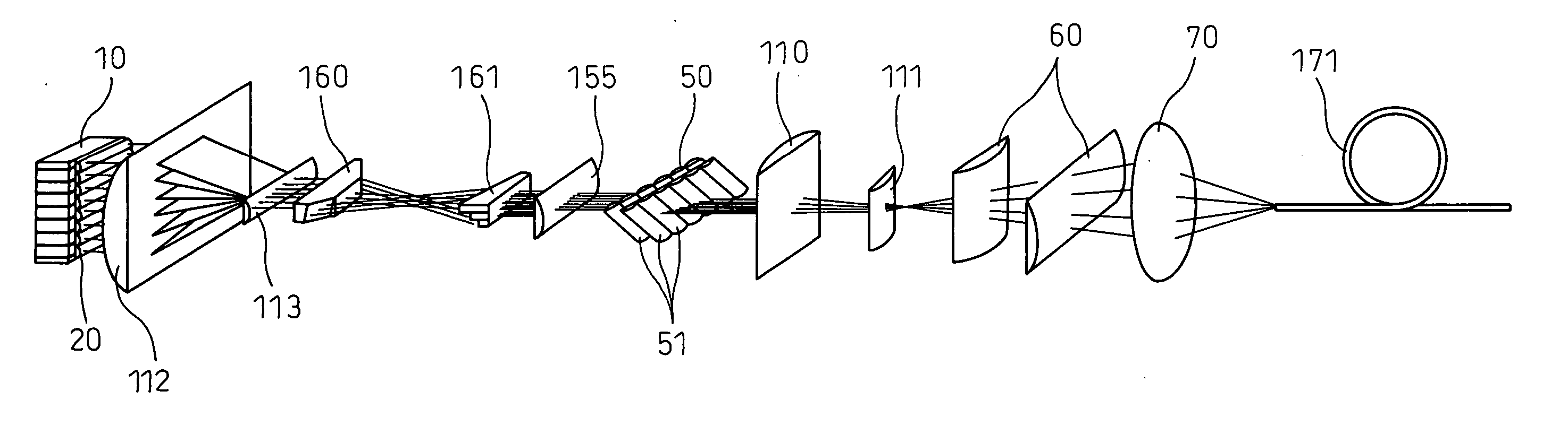 Semiconductor laser apparatus capable of routing laser beams emitted from stacked-array laser diode to optical fiber with little loss