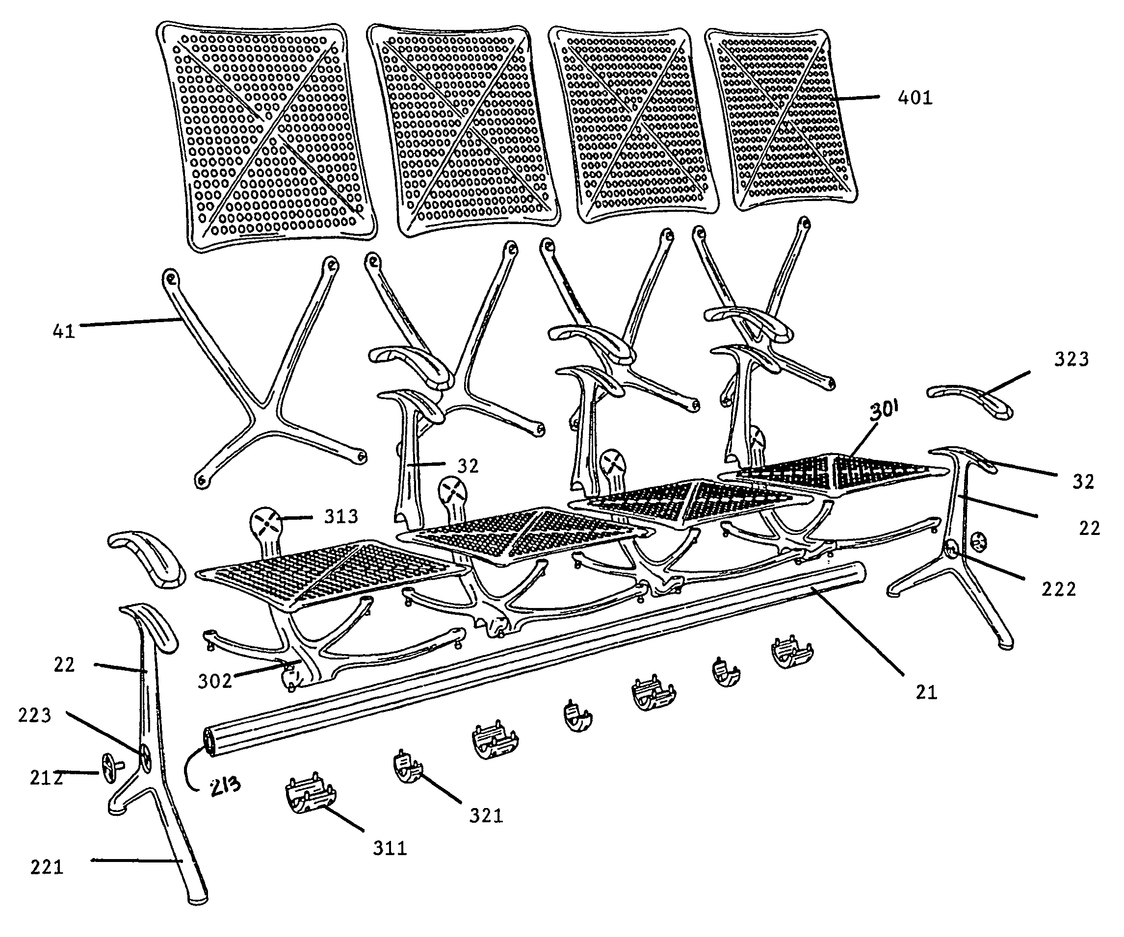 Public seating system with interchangeable and replaceable modular web-design seats and backs