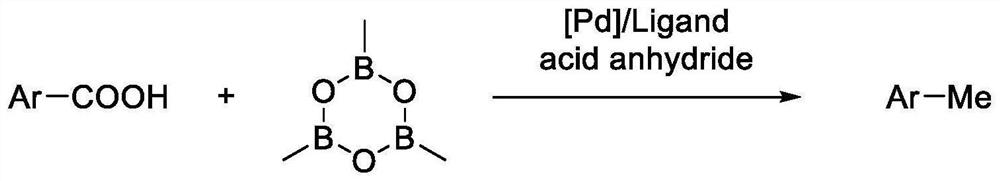 Method for preparing methyl (hetero) arene through decarbonylation coupling of (hetero) aryl formic acid and trimethylcyclotrioxane under catalysis of transition metal