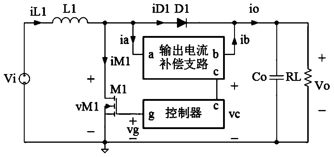 Boost converter comprising output current compensation branch