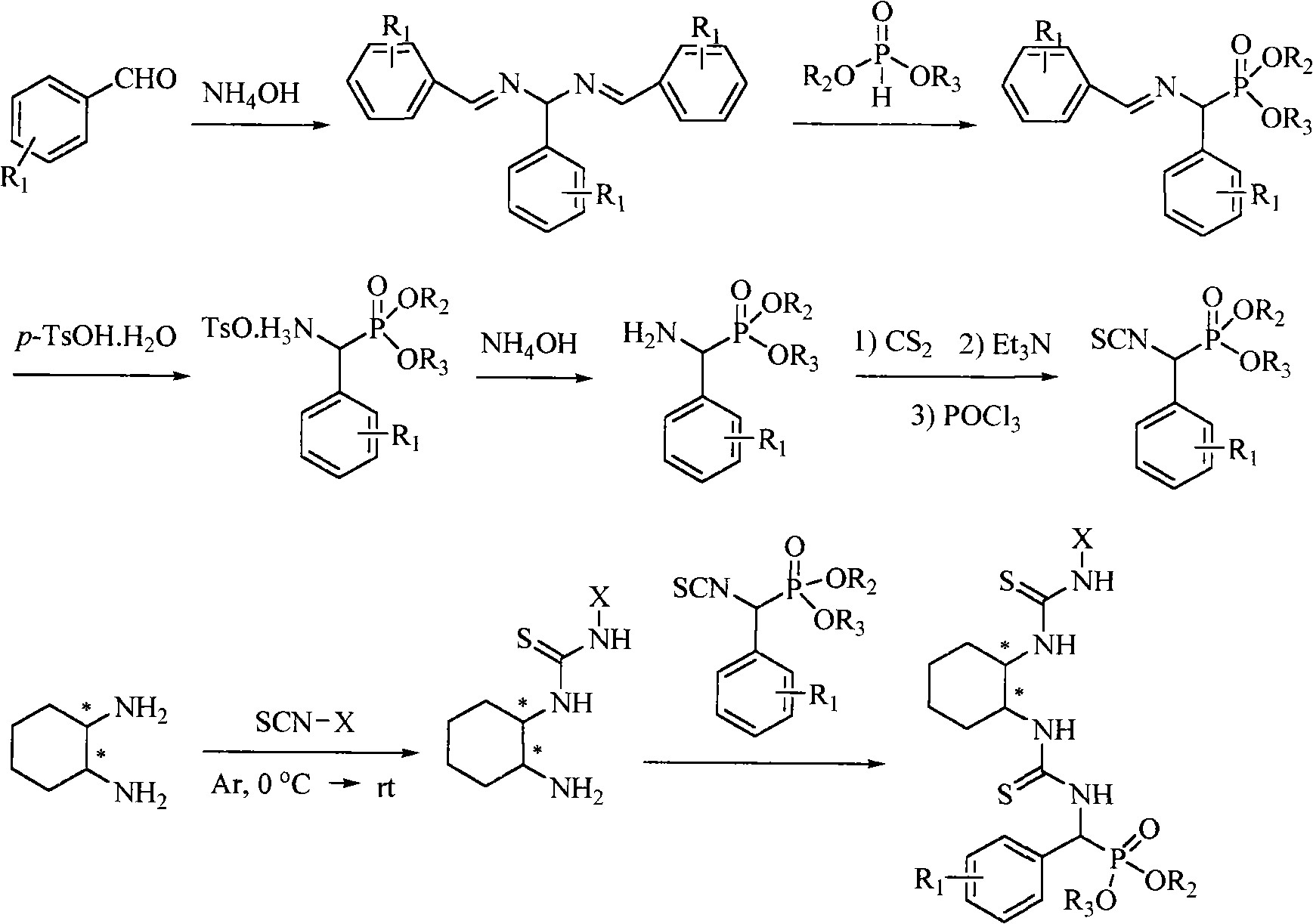 A chiral bithioureido derivate containing phosphonate as well as its preparing method and use