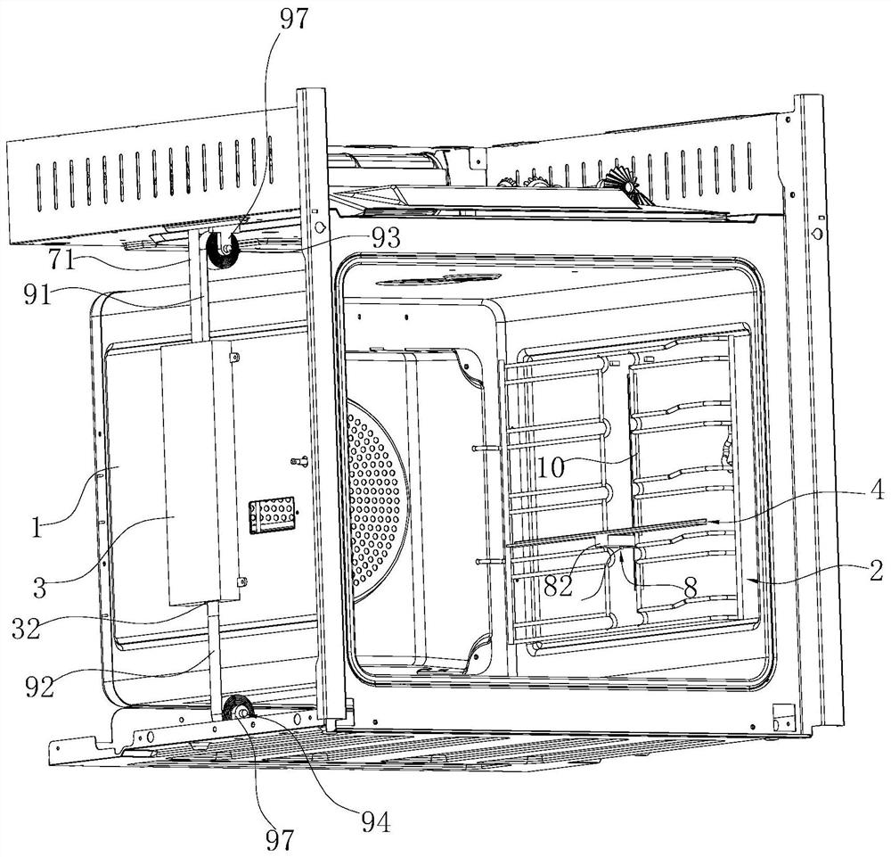 Oven with liftable baking tray