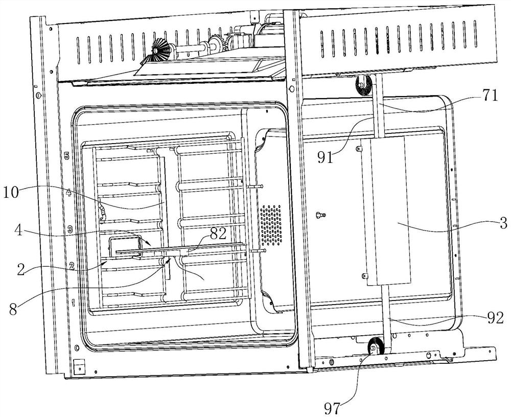 Oven with liftable baking tray