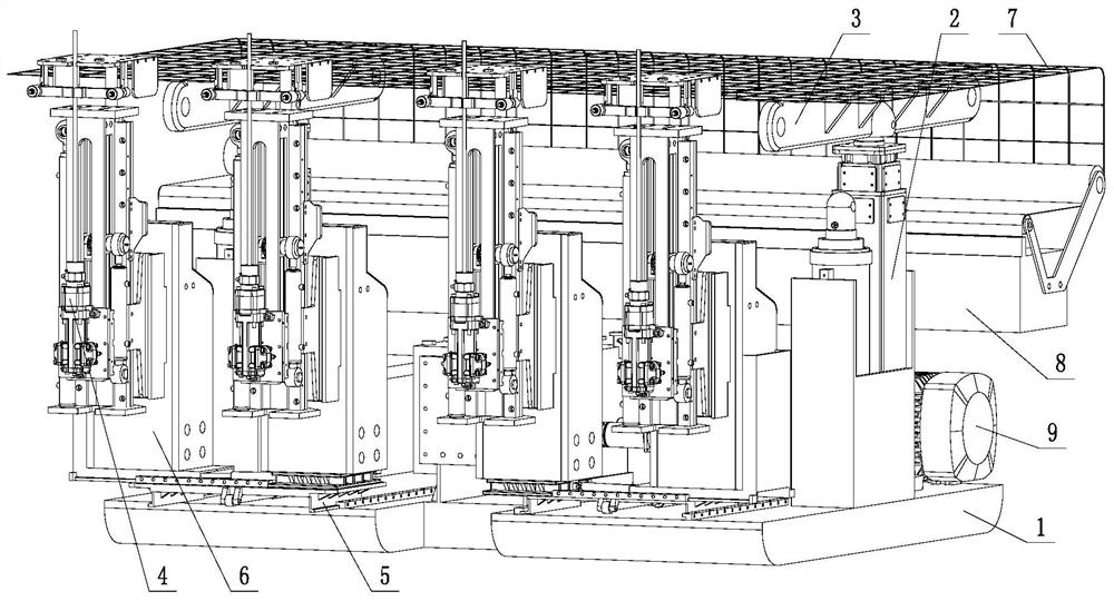 Excavating, supporting and anchoring combined unit drilling rig attitude adjusting and anchor net laying device and method