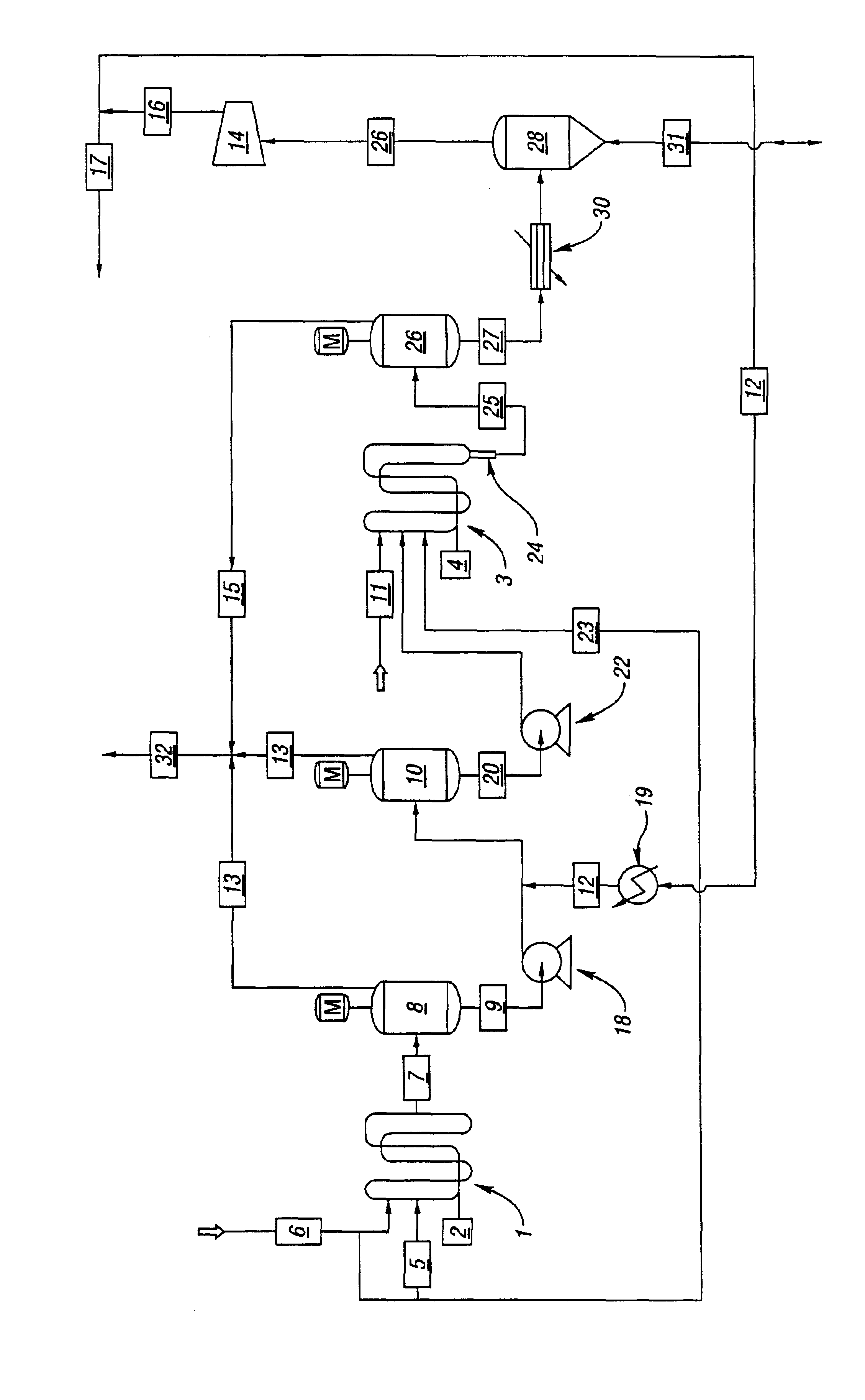 Process for removal of intermediate hydrogen from cascaded polyolefin slurry reactors